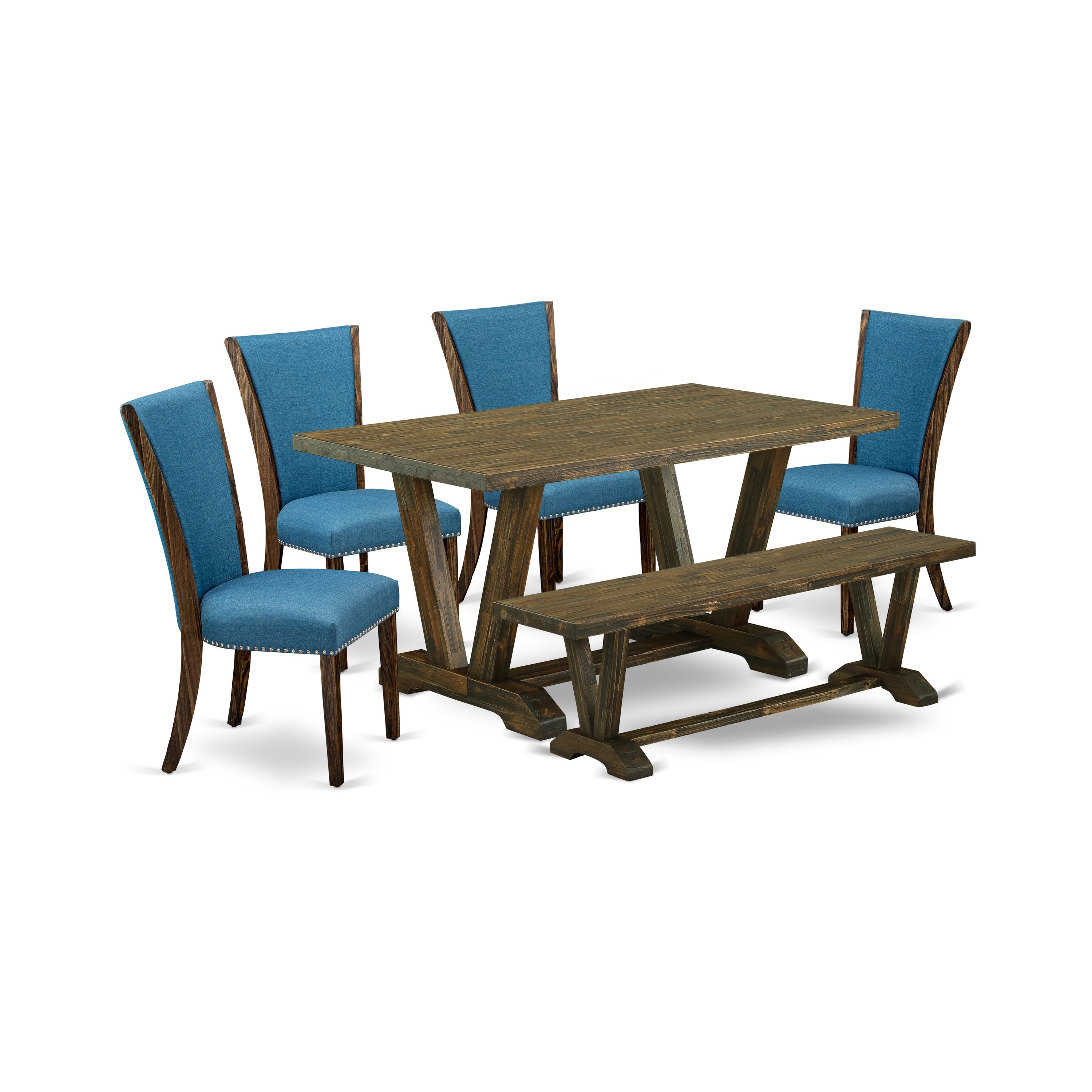 East West Furniture V776VE721-6 6 Piece Modern Dining Table Set - 4 Blue Linen Fabric Kitchen Chairs with Nailheads and Distressed Jacobean Dining Table - 1 Wooden Bench - Distressed Jacobean Finish