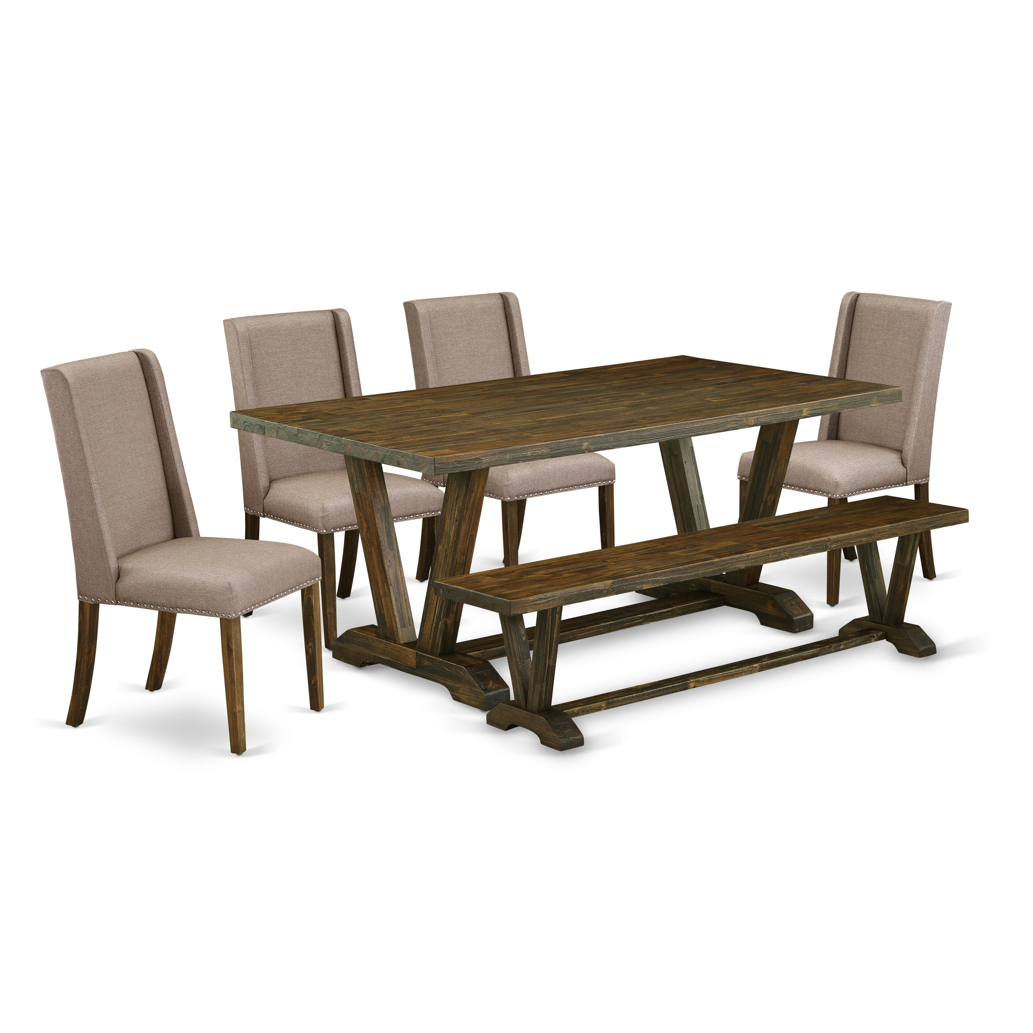 V777FL716-6 6-Piece Table Dining Set-Dark Khaki Linen Fabric Seat and Stylish Chair Back Modern Dining chairs, A Rectangular Bench and Rectangular top Kitchen Dining Table with Solid Wood Legs - Distressed Jacobean and Distressed Jacobean Finish