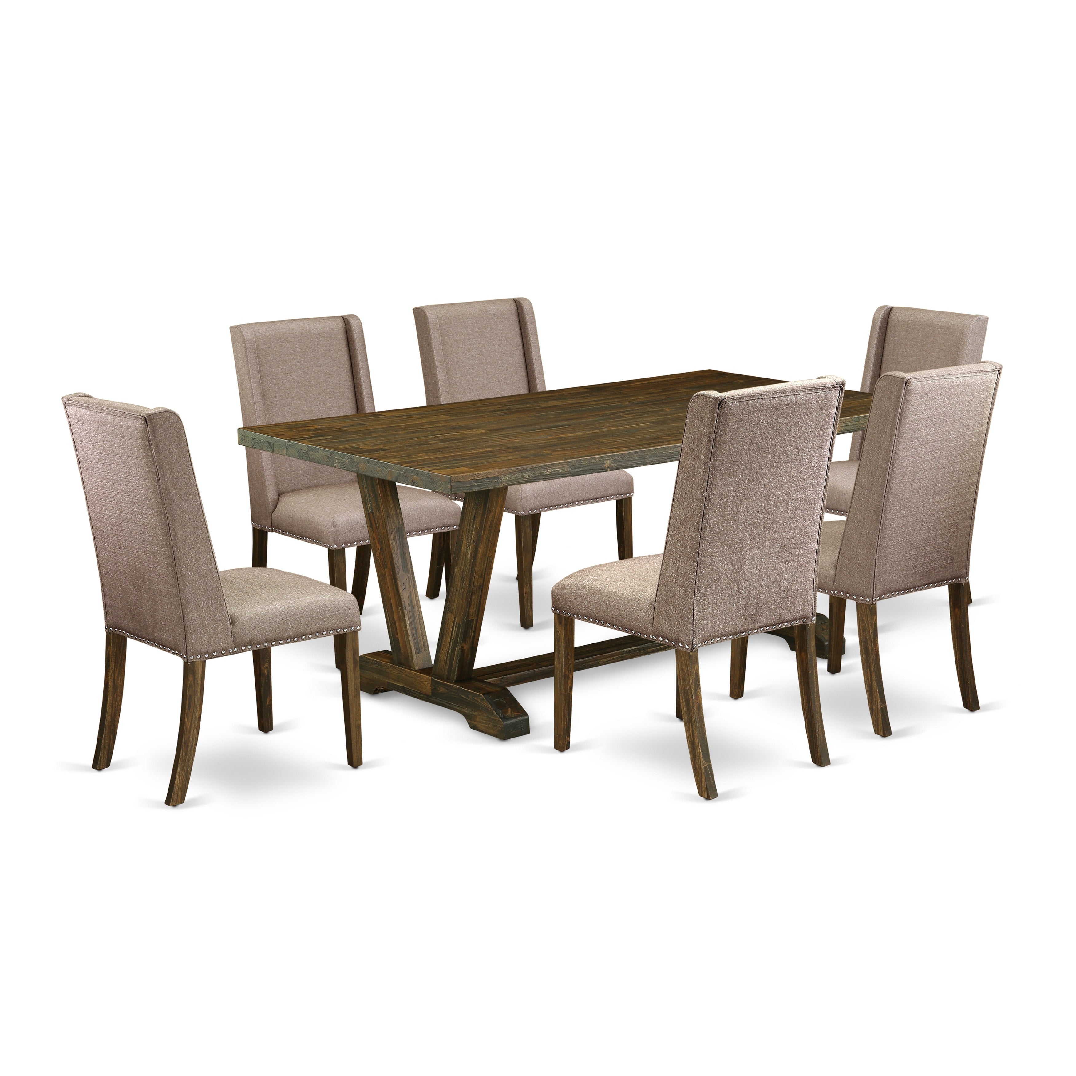 East West Furniture V777FL716-7 7-Pc dining room table set a fantastic Distressed Jacobean small table top and 6 beautiful parson chairs with Nail heads and High Stylish Chair Back, Distressed Jacobean Finish