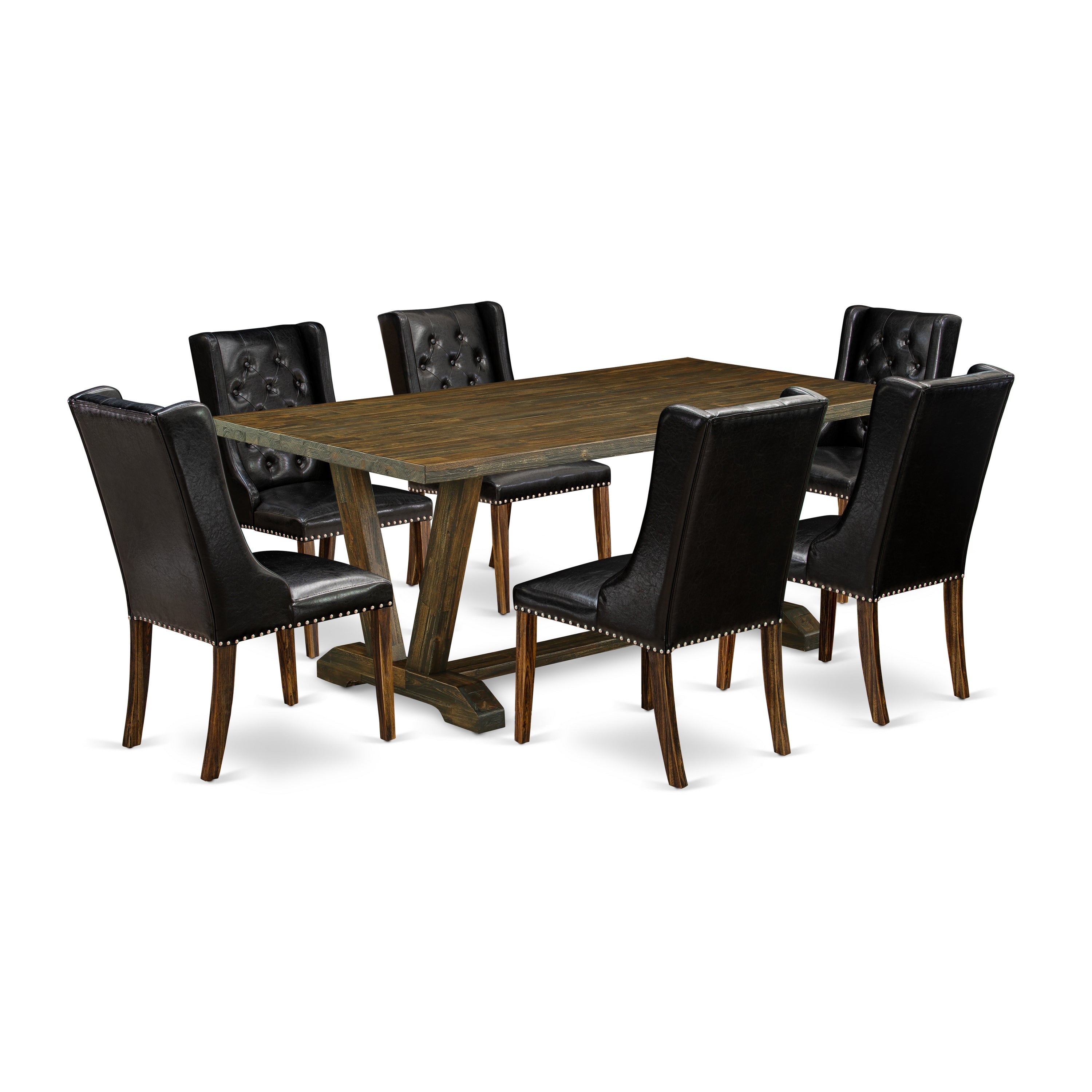 Juego de mesa de comedor moderna de 7 piezas East West Furniture V777FO749-7 compuesto por una mesa rectangular de madera con patas en V y 6 sillas de comedor Parsons de piel sintética negra.