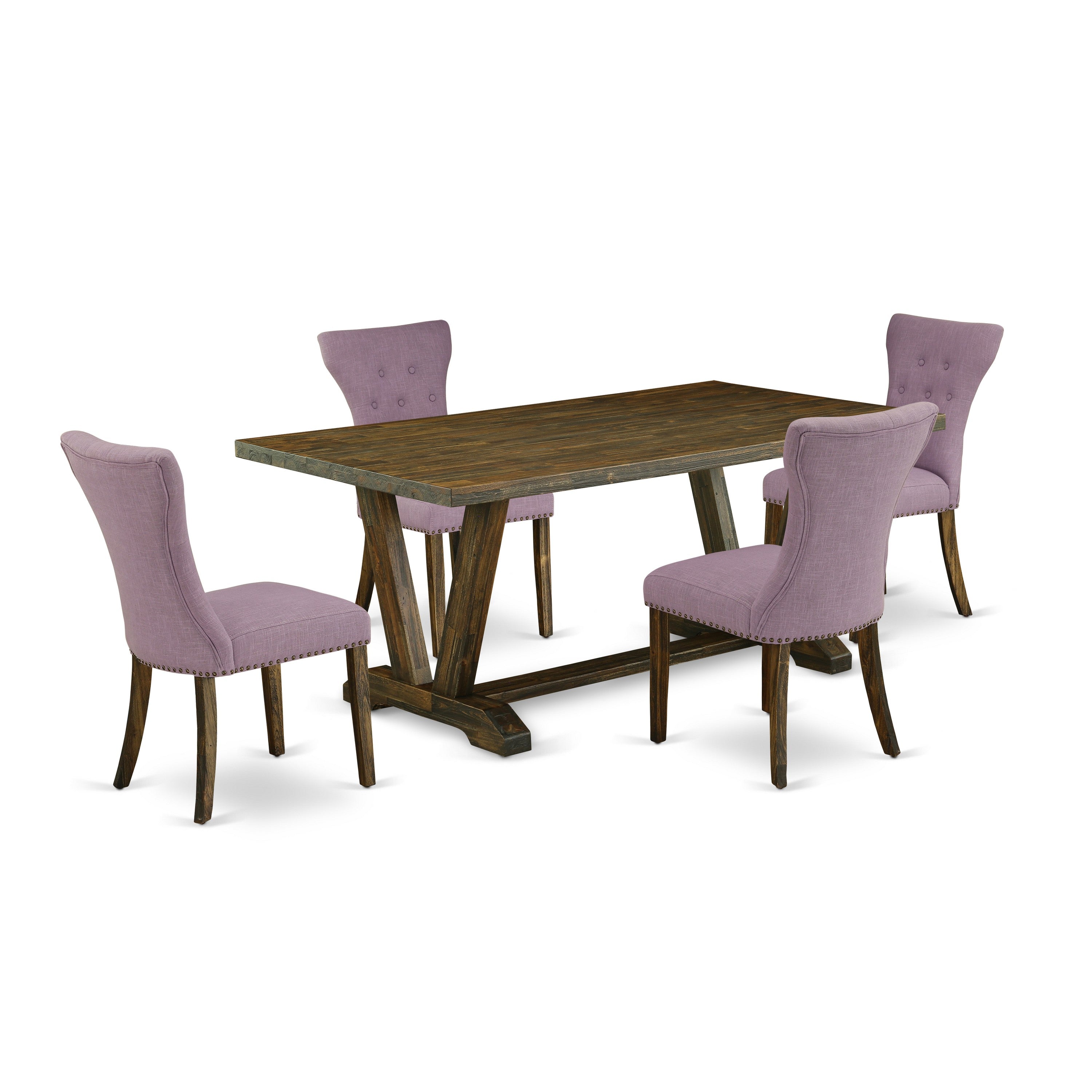 Juego de mesa de comedor de 5 piezas East West Furniture V777GA740-5. Incluye una mesa de comedor rectangular con patas en V y 4 sillas tapizadas en tela de lino Dahlia.