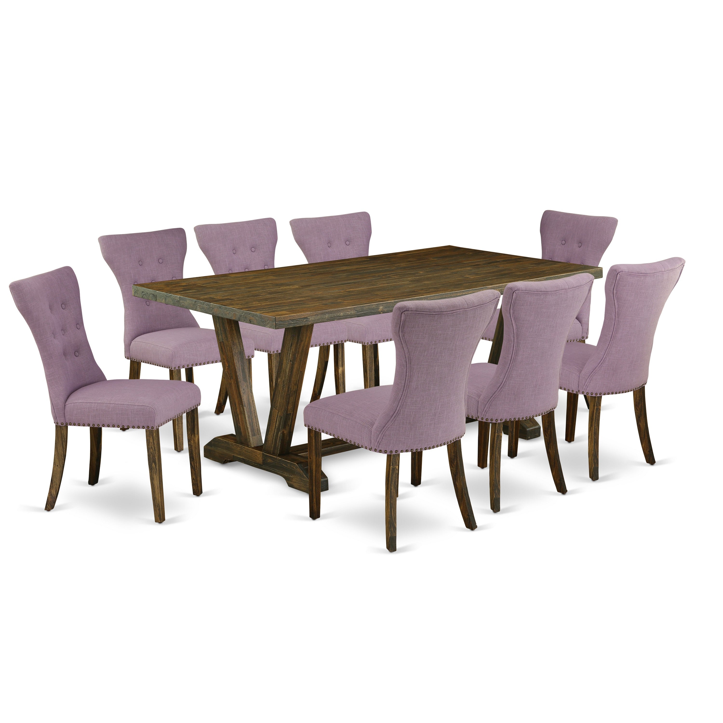 East West Furniture V777GA740-9 9-Pc Dining room Table Set a beautiful Distressed Jacobean Dinette Table top and 8 Wonderful kitchen chairs with Nail Heads and Button Tufted, Distressed Jacobean Finish