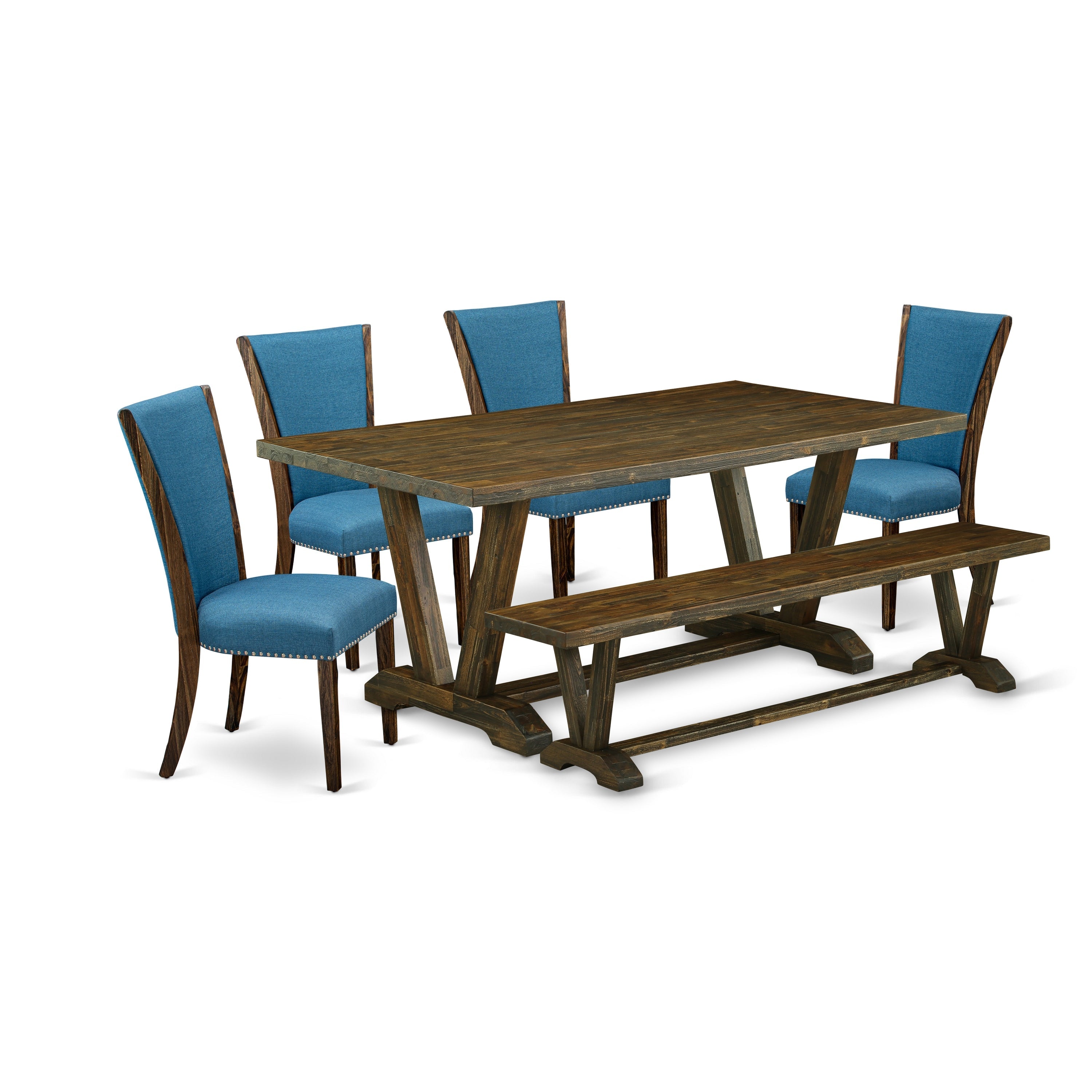 East West Furniture V777VE721-6 6 Piece Dinette Set - 4 Blue Linen Fabric Dining Chairs with Nailheads and Distressed Jacobean Rectangular Dining Table - 1 Wood Bench - Distressed Jacobean Finish