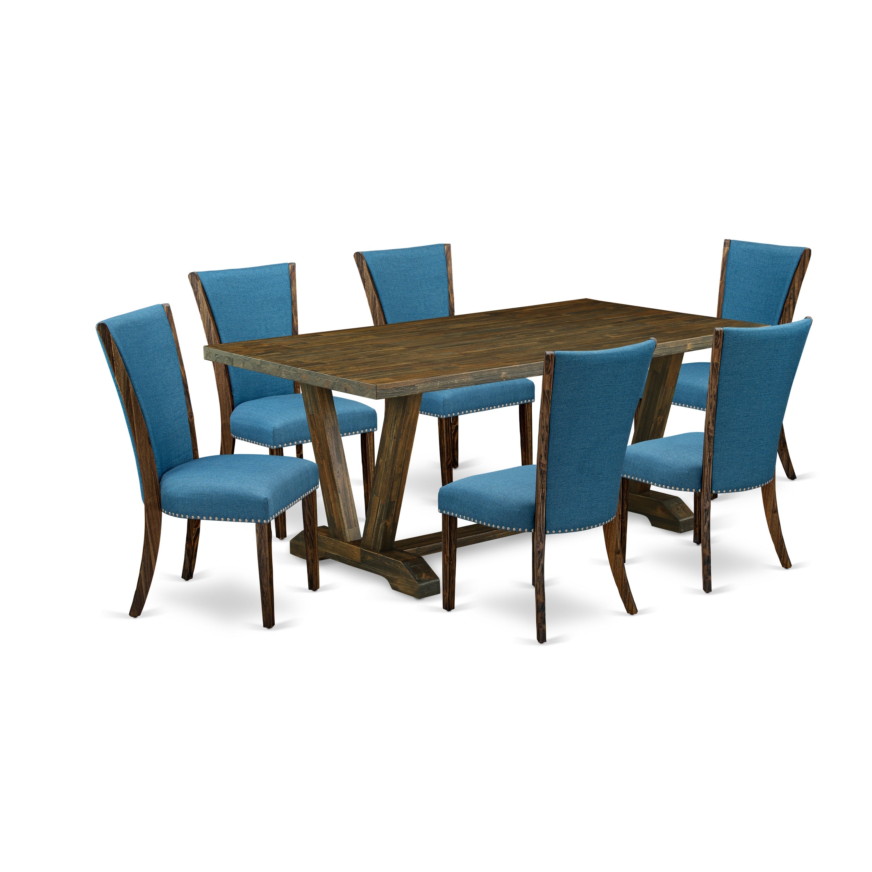 Juego de mesa de comedor East West Furniture V777VE721-7 de 7 piezas compuesto por una mesa de comedor rectangular con patas en V y 6 sillas tapizadas en tela de lino de color azul.
