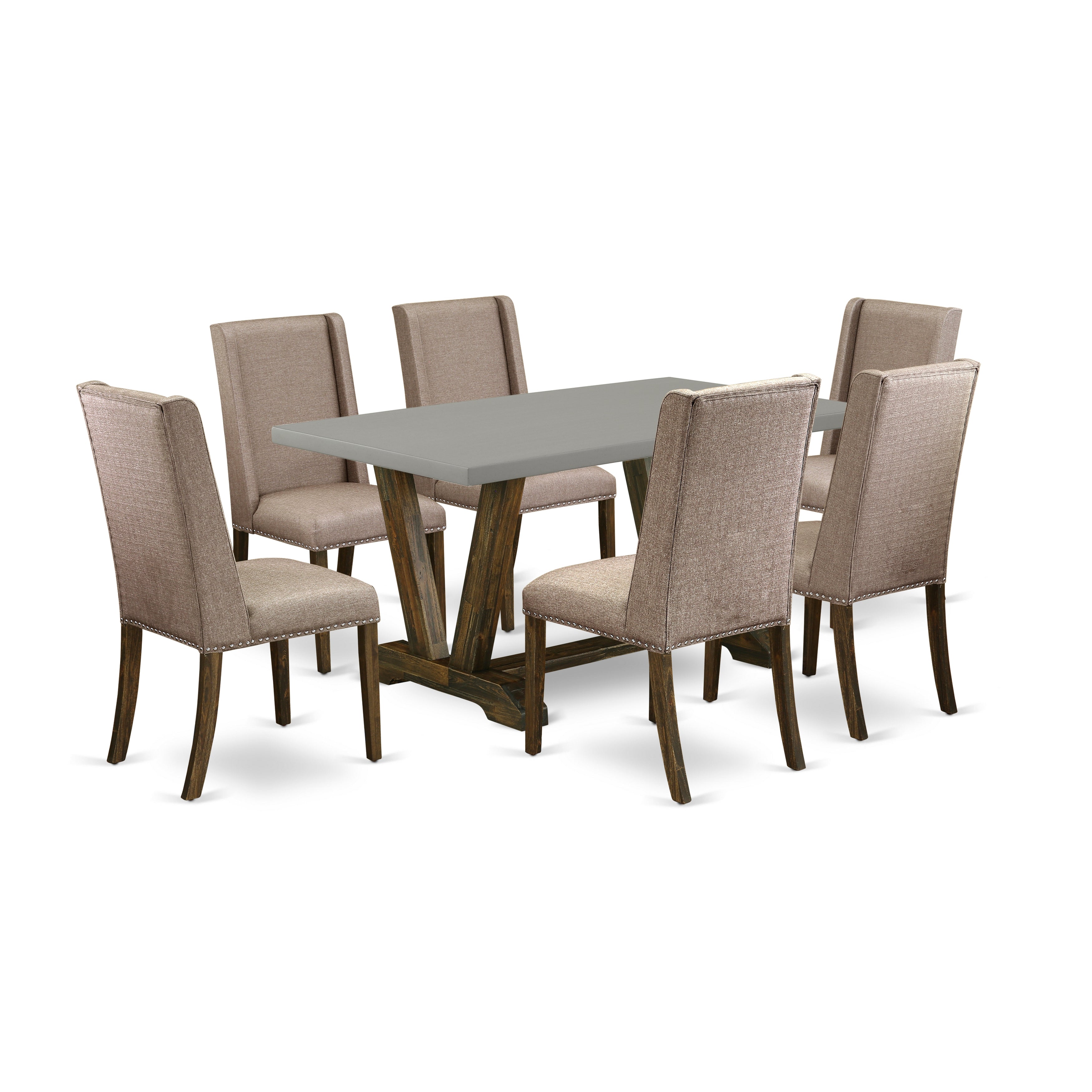 Juego de comedor de 7 piezas East West Furniture V796FL716-7 compuesto por una mesa de comedor rectangular con patas en V y 6 sillas tapizadas en tela de lino color caqui oscuro.