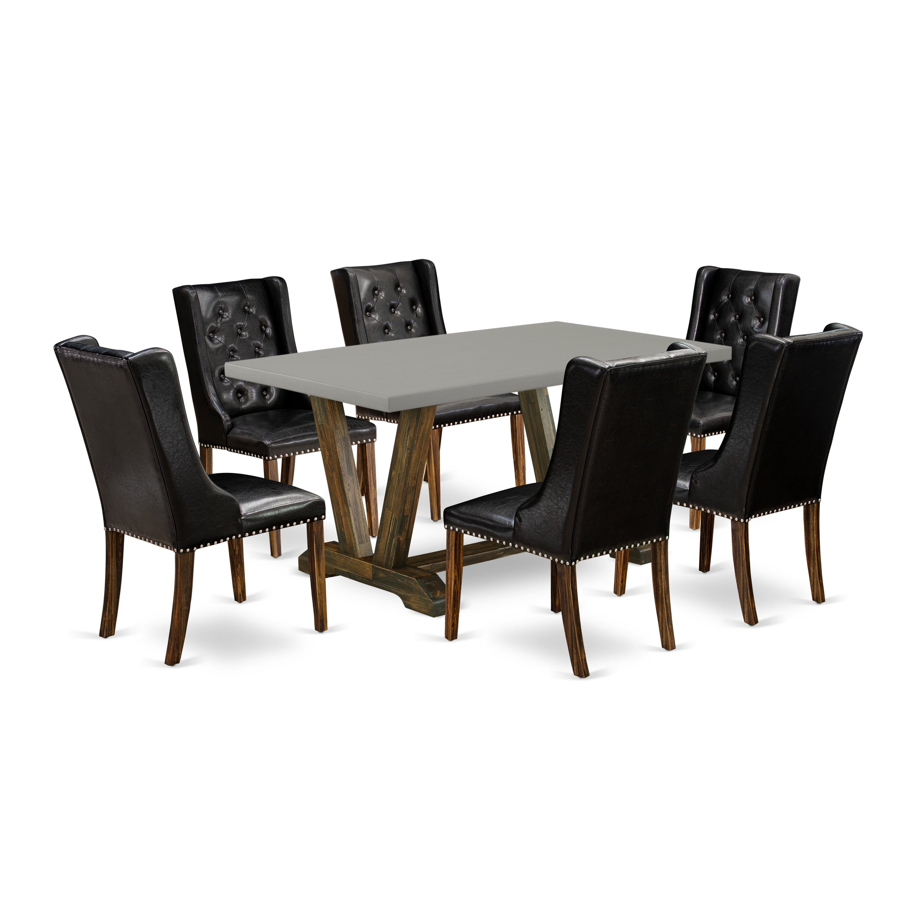 East West Furniture V796FO749-7 7-Pc Dining Room Table Set - 6 Black Pu faux Leather Dining Chair Button Tufted with Nail heads and Dining Room Table - Distressed Jacobean Finish