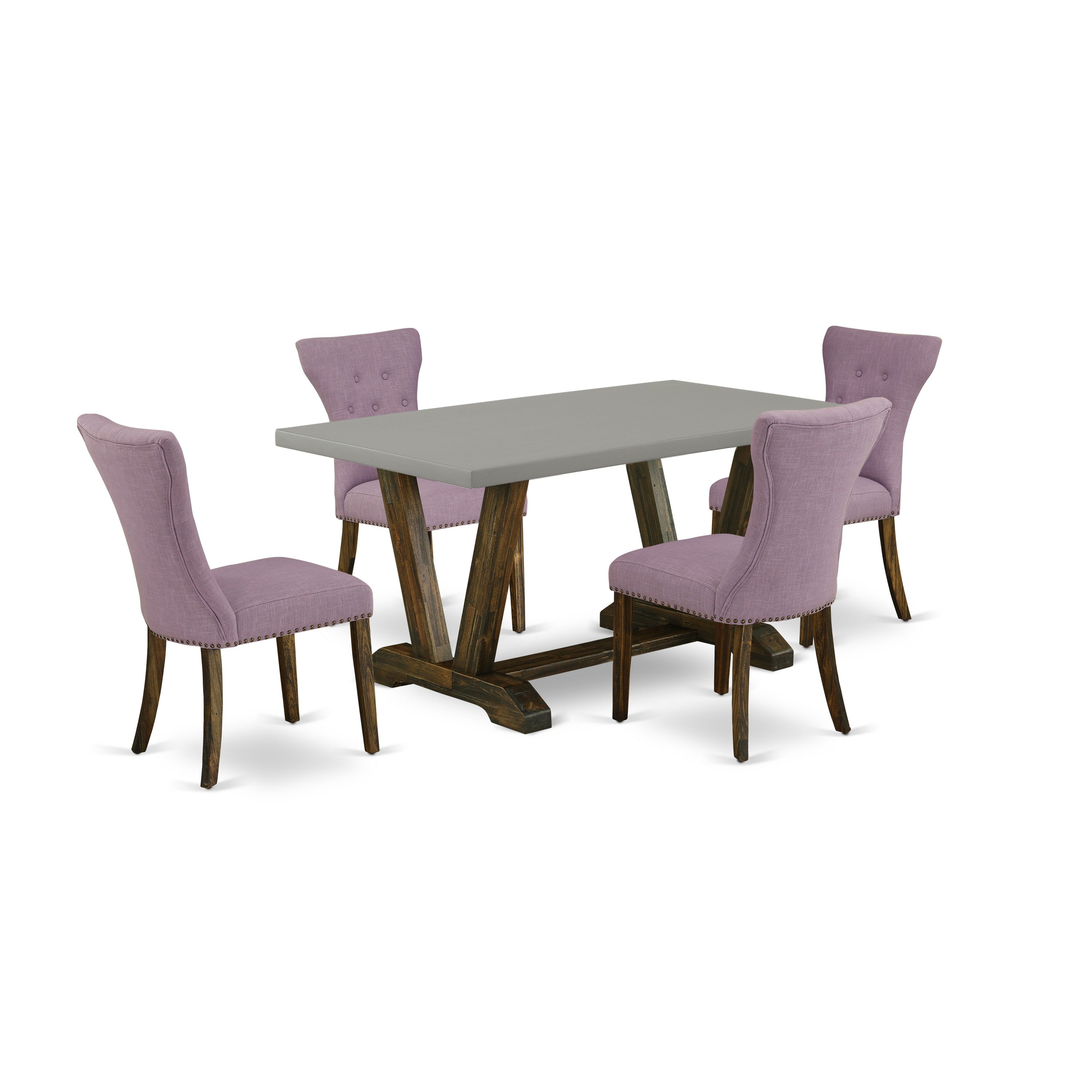 Juego de comedor de 5 piezas East West Furniture V796GA740-5. Incluye una mesa de comedor rectangular con patas en V y 4 sillas Parson tapizadas en tela de lino Dahlia.