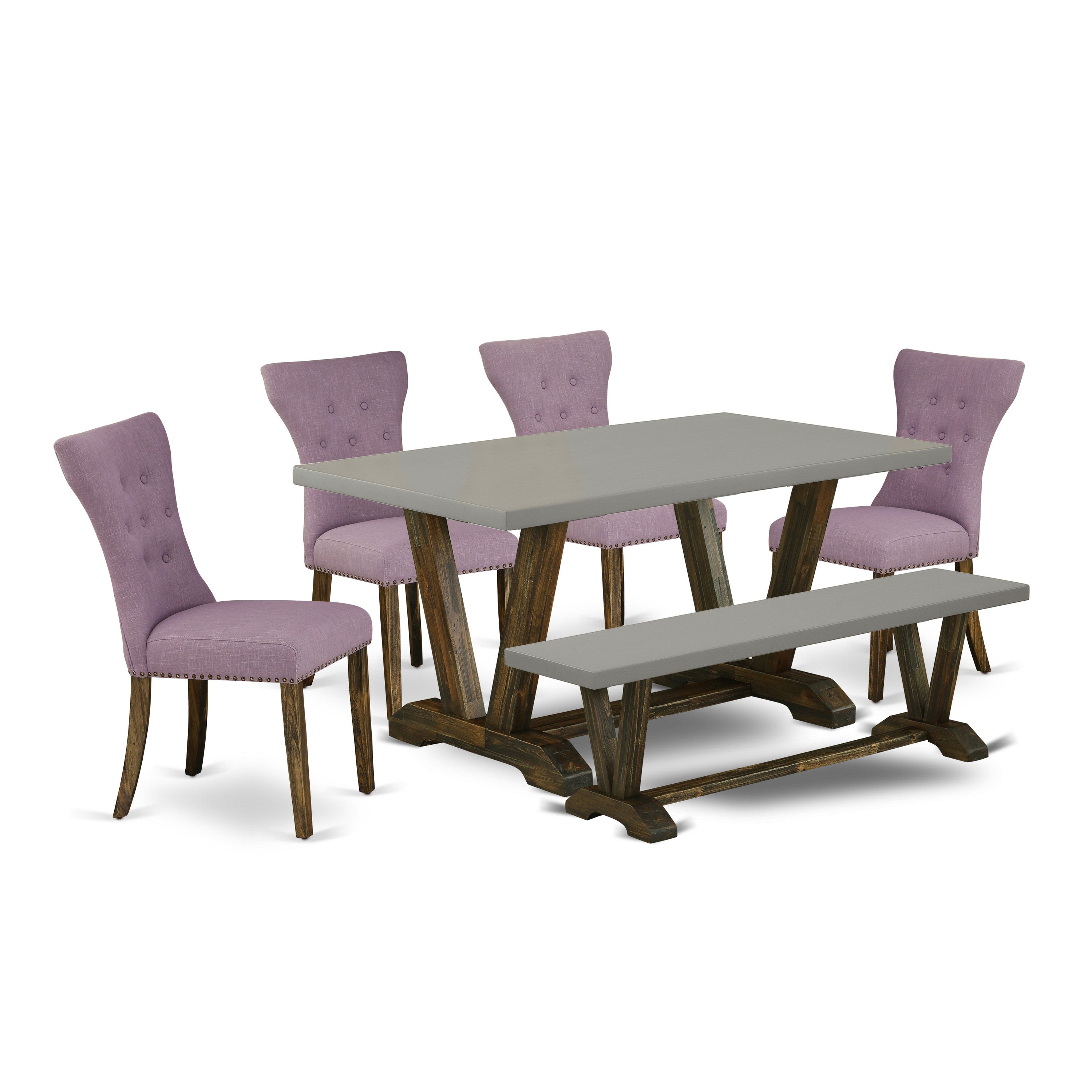 V796GA740-6 6-Piece Dining -Dahlia Linen Fabric Seat and Button Tufted Chair Back kitchen chairs, A Rectangular Bench and Rectangular top Kitchen Table with Solid Wood Legs - Cement and Distressed Jacobean Finish