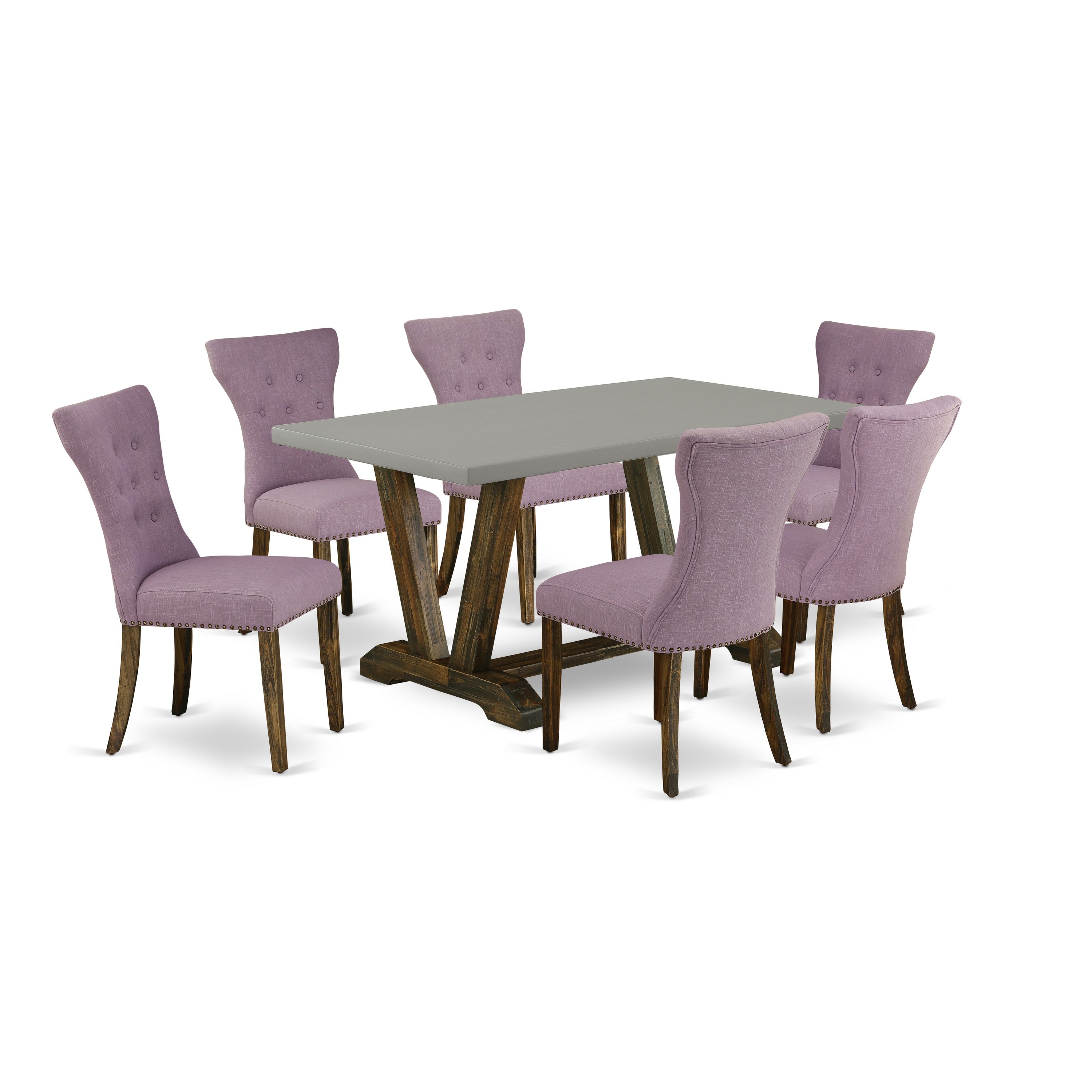 Juego de mesa de comedor moderno East West Furniture V796GA740-7 de 7 piezas compuesto por una mesa rectangular de madera con patas en V y 6 sillas tapizadas en tela de lino Dahlia.