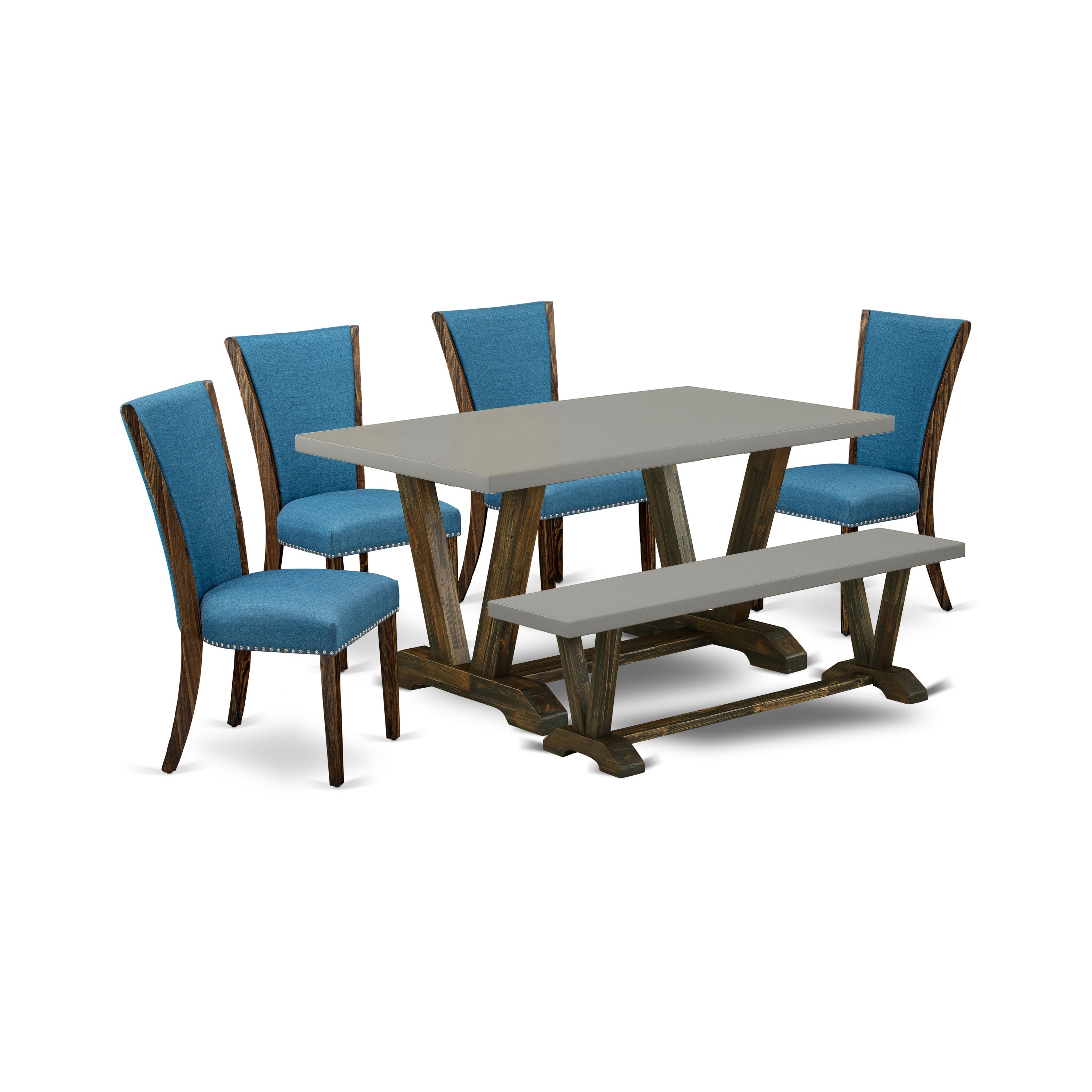 East West Furniture V796VE721-6 6 Piece Dining Room Table Set - 4 Blue Linen Fabric Chairs for Dining Room with Nailheads and Cement Wooden Dining Table - 1 Modern Bench - Distressed Jacobean Finish