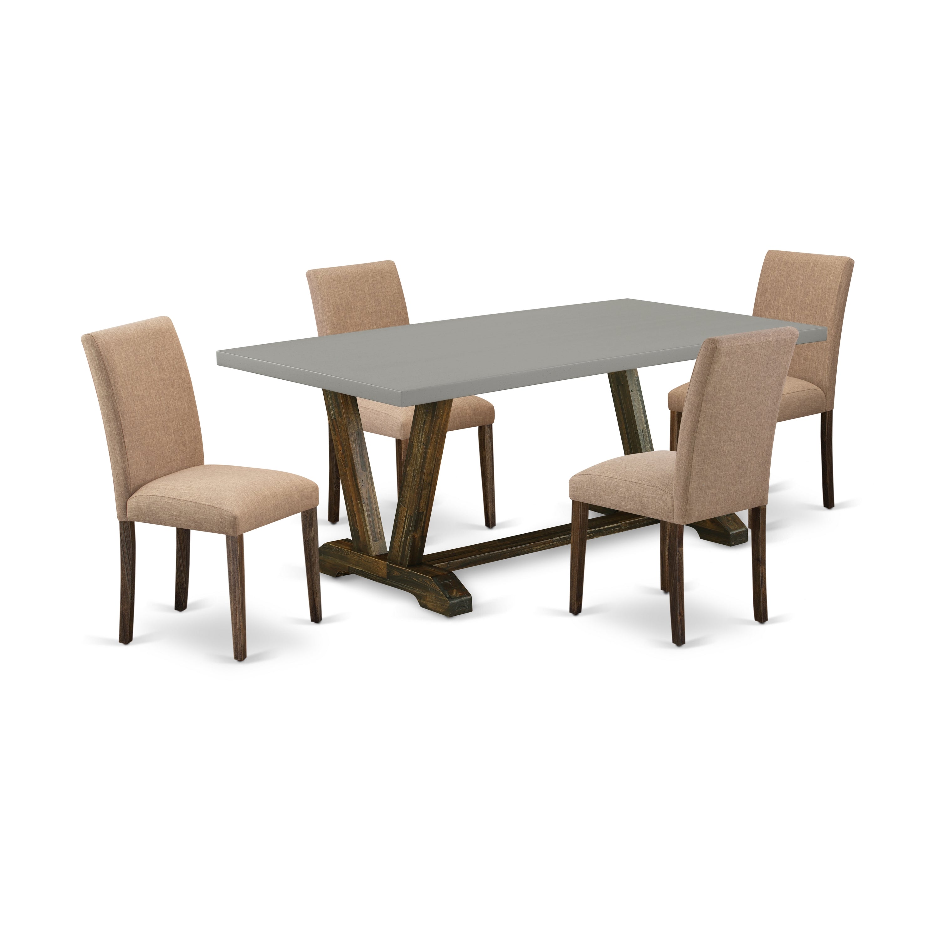 Juego de mesa de comedor moderna de 5 piezas East West Furniture V797AB747-5. Incluye una mesa rectangular de madera con patas en V y 4 sillas de comedor Parsons de tela de lino color sable claro.