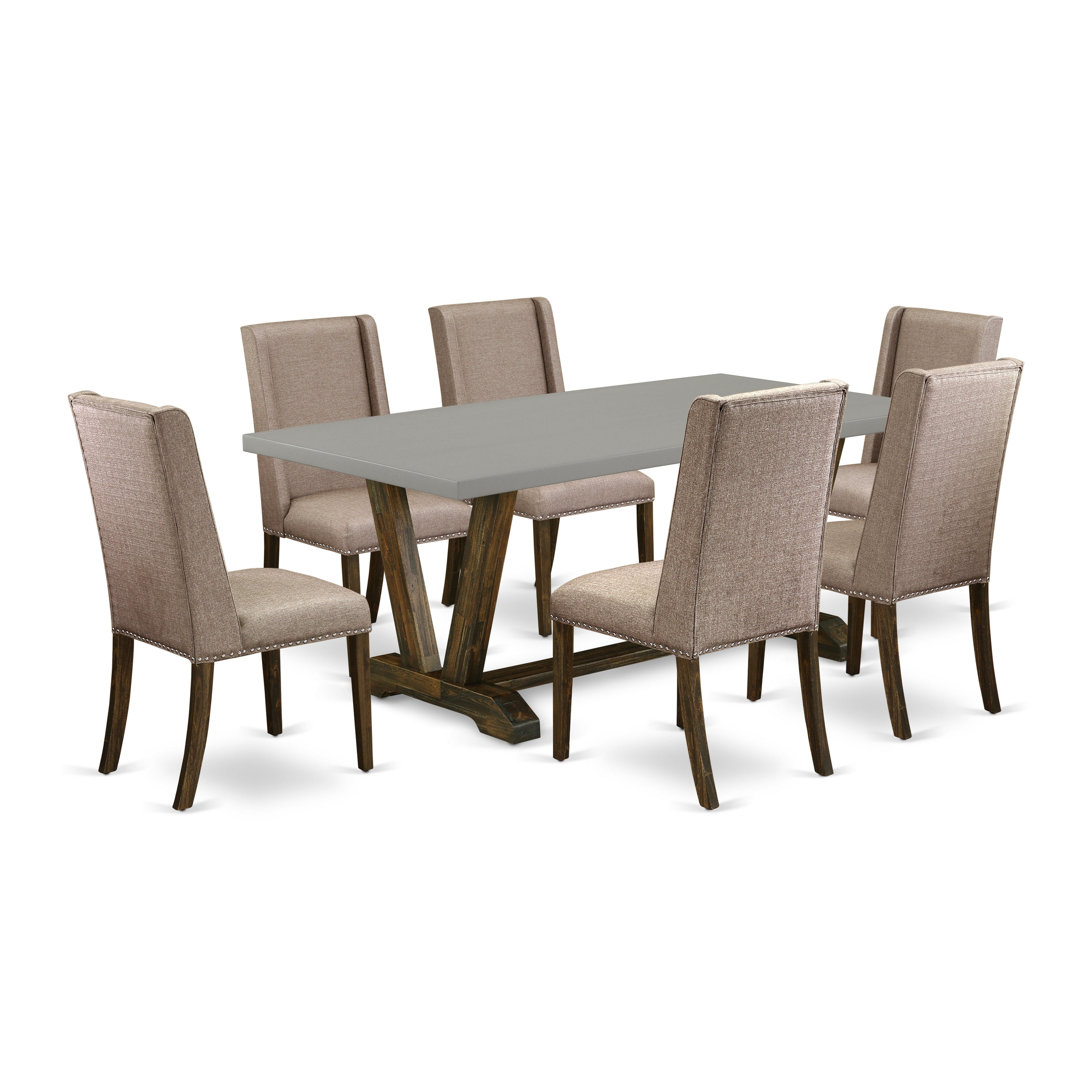 East West Furniture V797FL716-7 7-Piece rectangular dining table set a fantastic Cement Color small table top and 6 Beautiful parson chairs with Nail heads and High Stylish Chair Back, Distressed Jacobean Finish