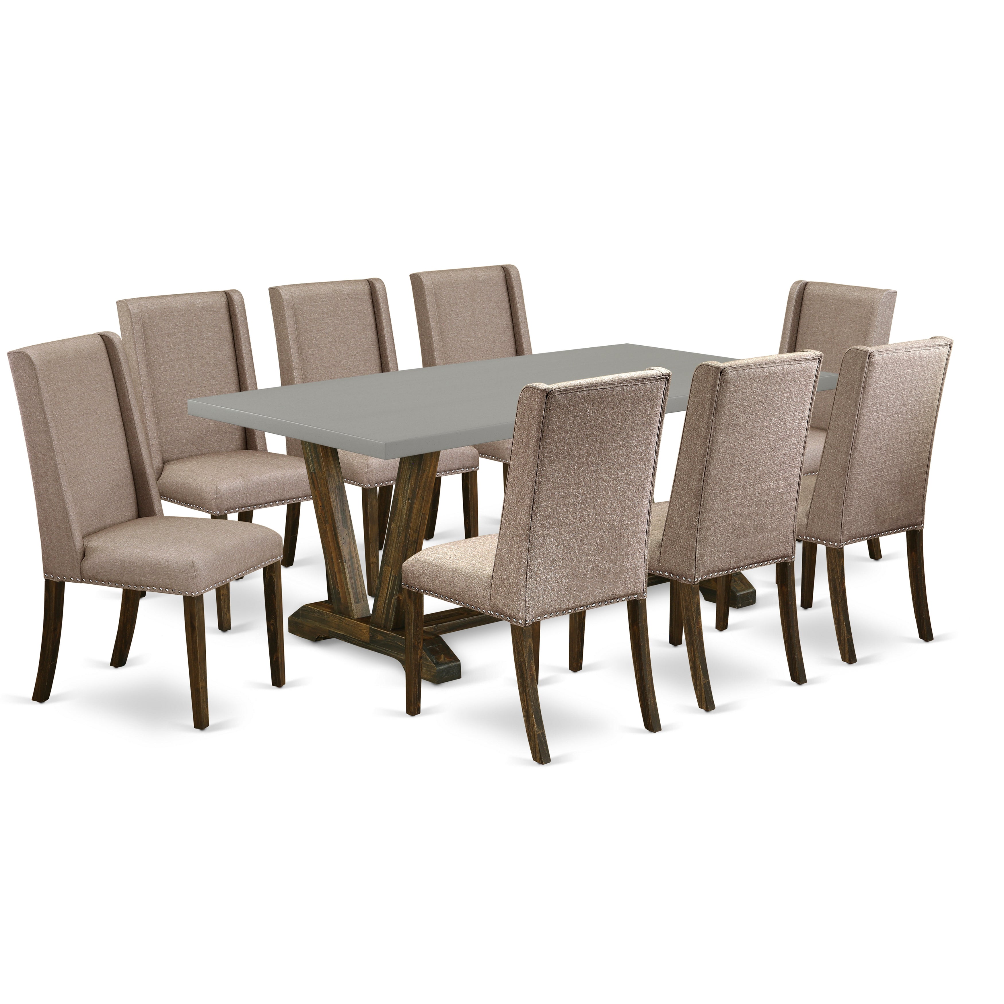 Juego de mesa de comedor de 9 piezas East West Furniture V797FL716-9 Incluye una mesa de comedor rectangular con patas en V y 8 sillas tapizadas en tela de lino color caqui oscuro