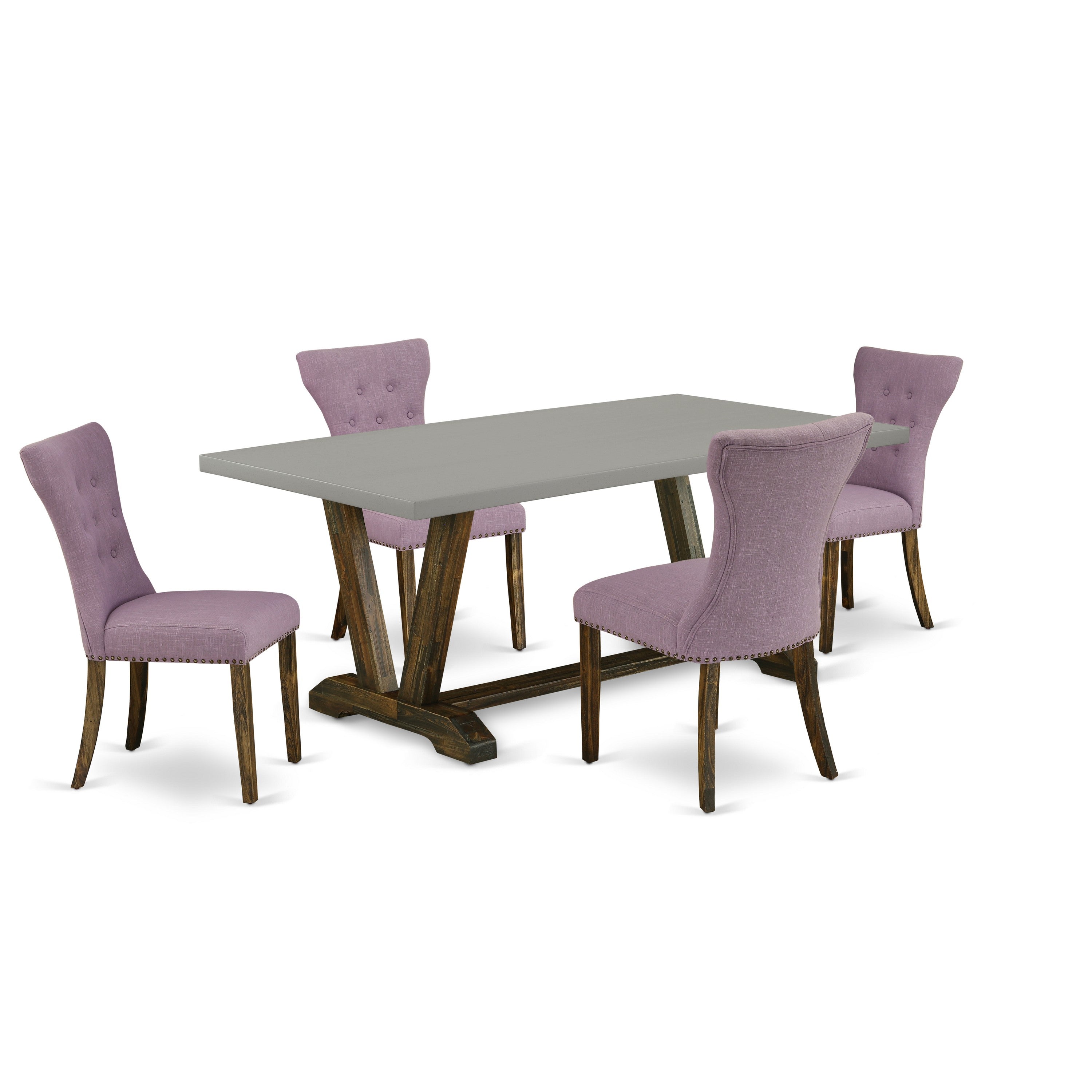 East West Furniture V797GA740-5 5-Piece Modern Dining Table SetIncluded 4 Modern Dining chairs Upholstered Seat and High Button Tufted Chair Back and Rectangular Table with Cement Color dining table top (Distressed Jacobean Finish)