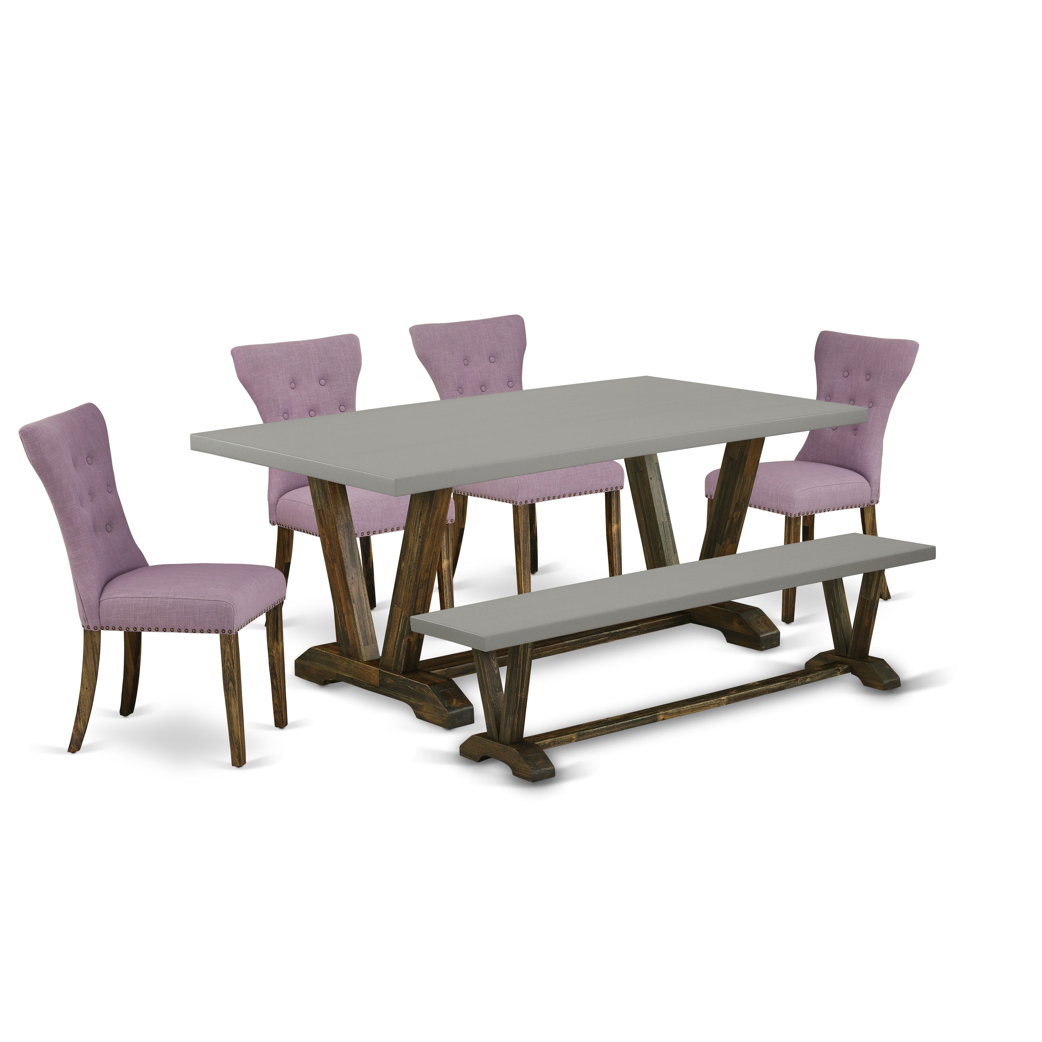 V797GA740-6 6-Piece Modern Dining Table Set a Superb Cement Color Dining room Table top and a Gorgeous Bench and 4 beautiful Kitchen chairs with Nail Heads and Button Tufted Chair Back, Distressed Jacobean Finish