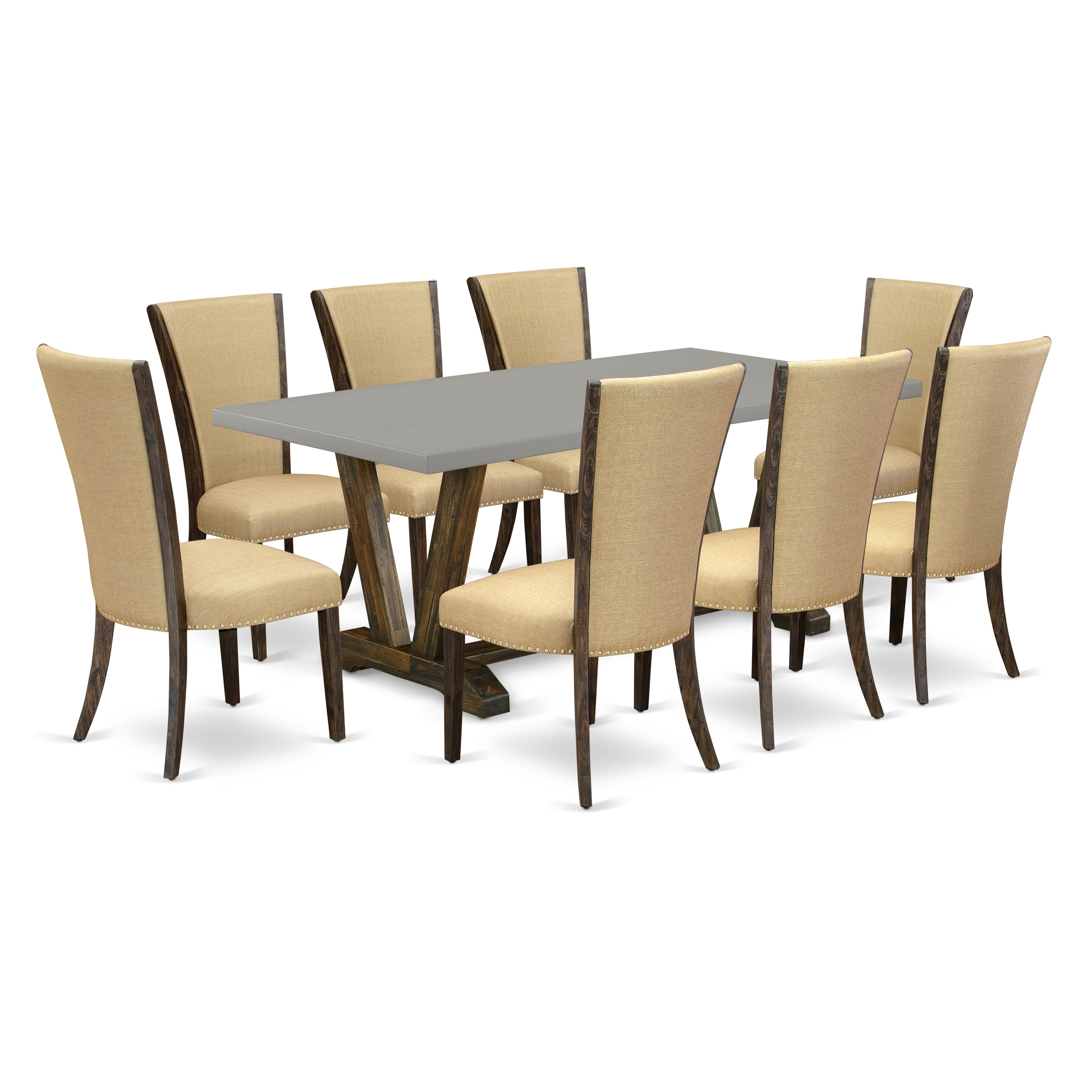 El juego de mesa de comedor East West Furniture V797VE703-9 de 9 piezas incluye una mesa de cocina rectangular con patas en V y 8 sillas de comedor Parsons de tela de lino marrón.