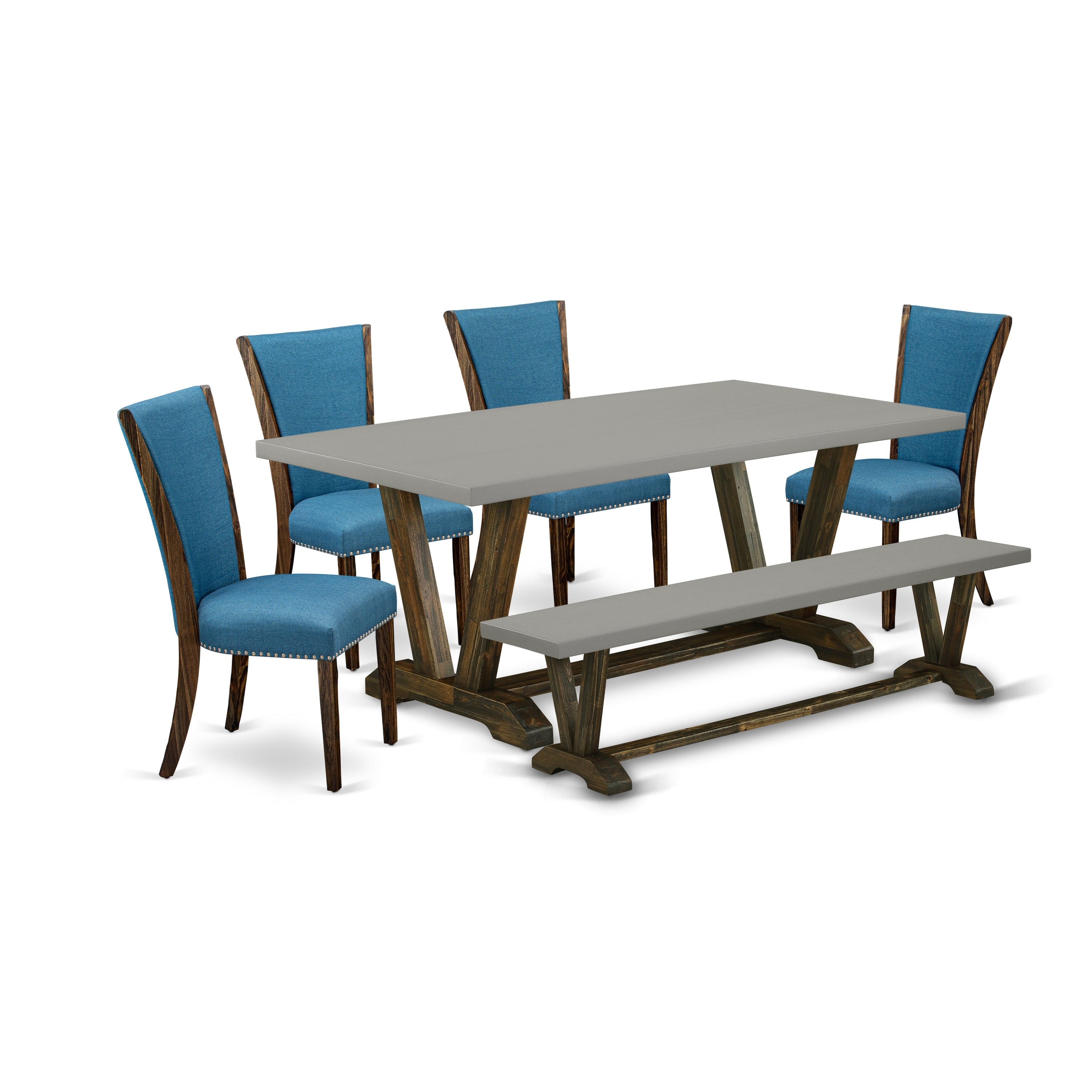 Juego de comedor de 6 piezas East West Furniture V797VE721-6 que incluye una mesa de comedor rectangular con patas en V y 4 sillas Parson de tela de lino de color azul con un banco