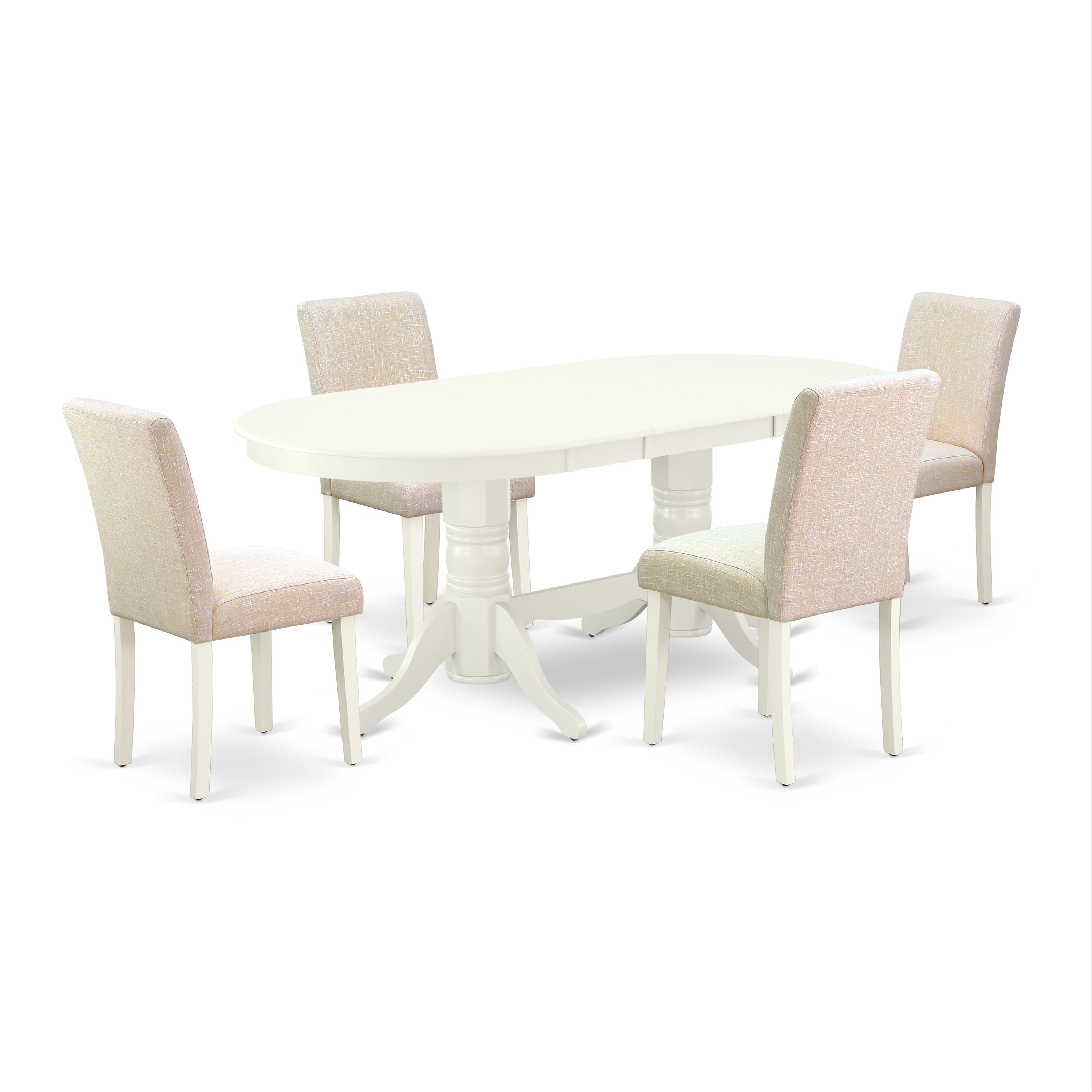 El juego de mesa de comedor de 5 piezas East West Furniture VAAB5-LWH-02 incluye una mesa de cocina ovalada con hojas de mariposa y 4 sillas Parsons de tela de lino beige claro.