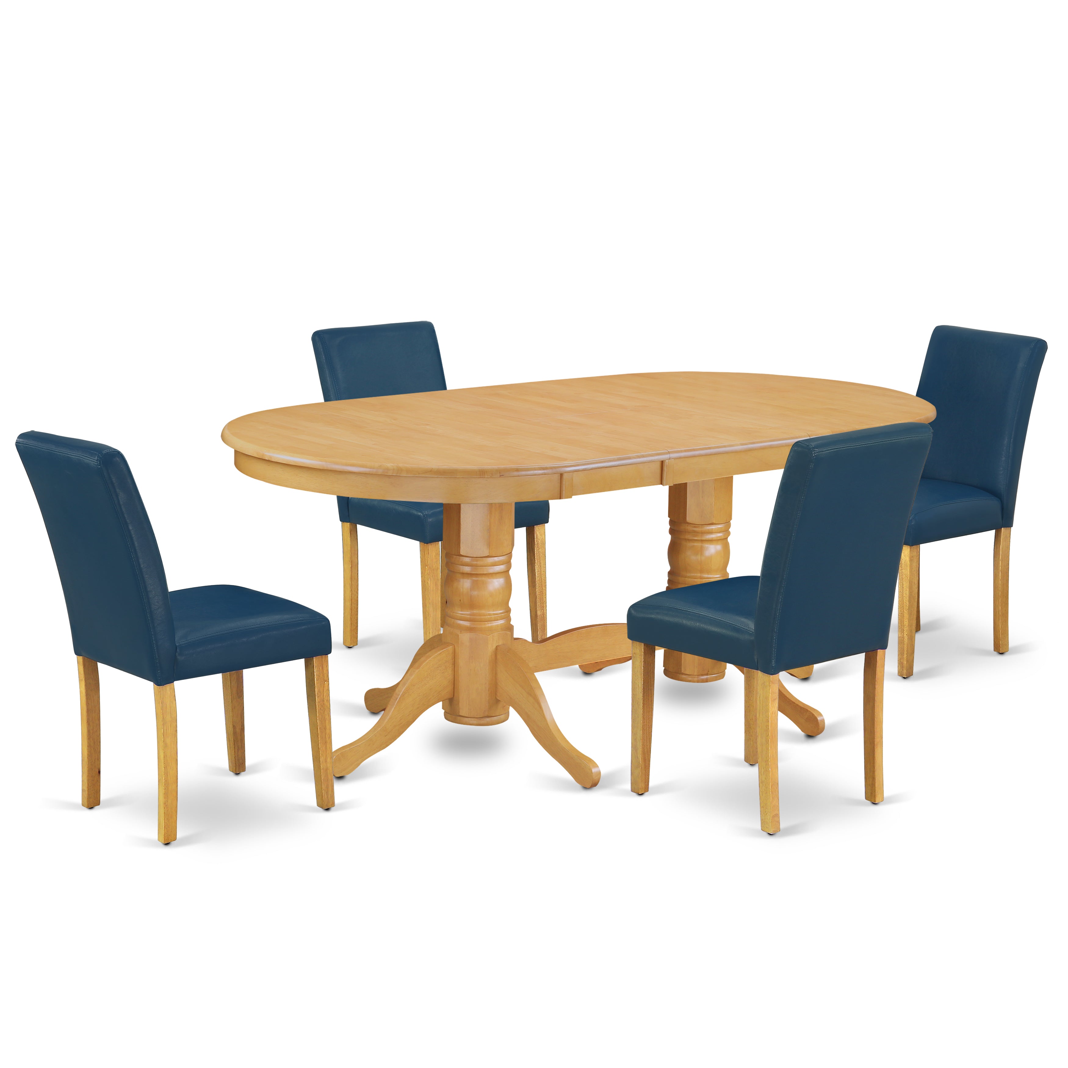 El juego de mesa de comedor de 5 piezas VAAB5-OAK-55 de East West Furniture incluye una mesa de comedor ovalada con hojas de mariposa y 4 sillas Parsons de cuero sintético azul oasis.