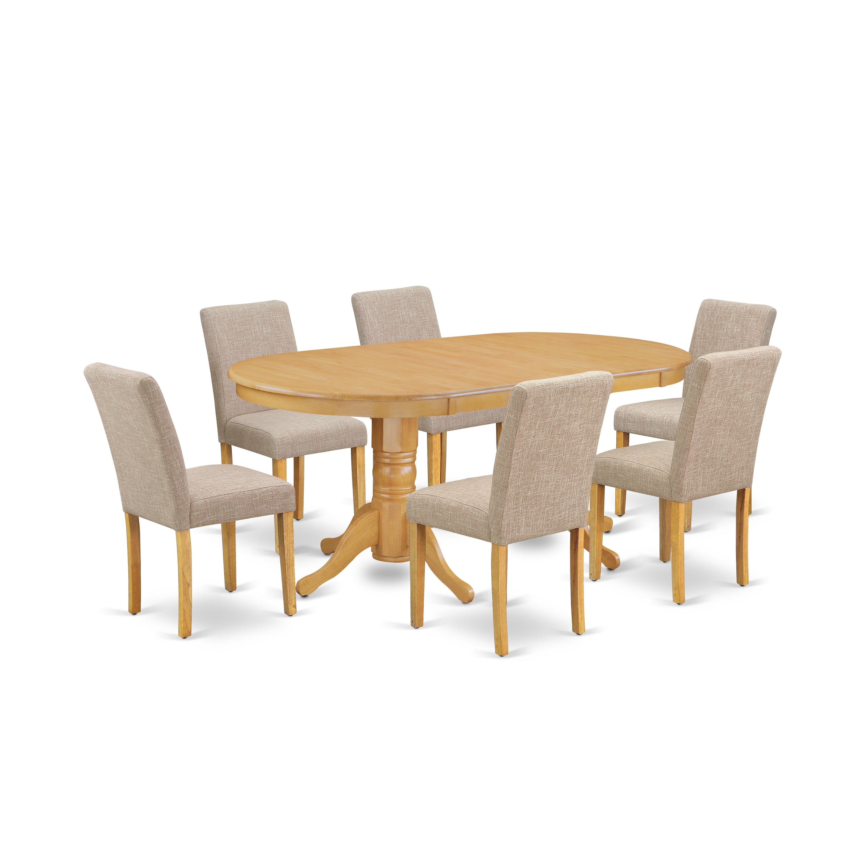VAAB7-OAK-04 7 Pc Dining Room Set Dining Table With Self Storing Butterfly Leaf And Six Parson Chair With Oak Leg And Linen Fabric Light Fawn