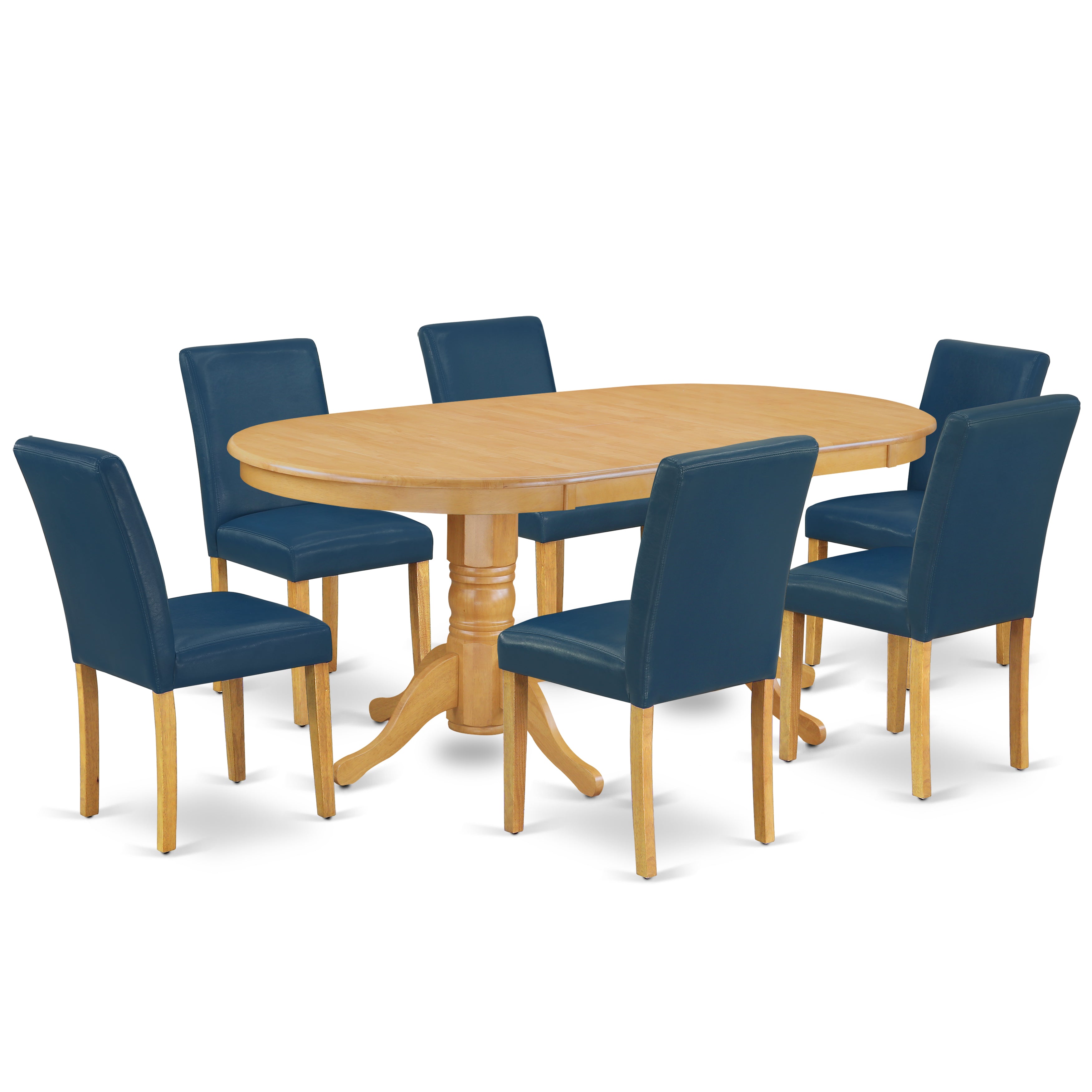 VAAB7-OAK-55 7 Pc Dining Room Set Dining Table With Self Storing Butterfly Leaf And Six Parson Chair With Oak Leg And Pu Leather Color Oasis