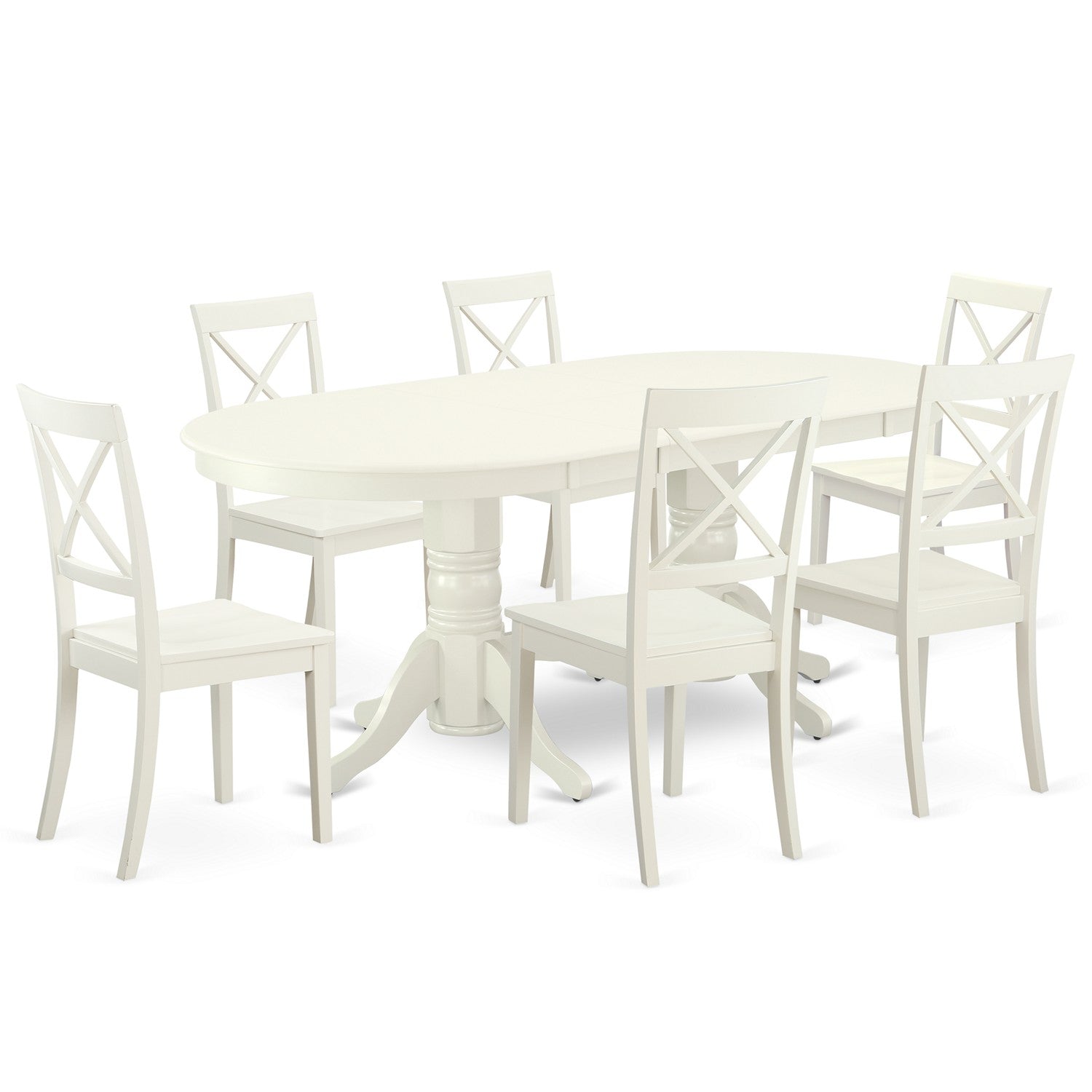 VABO7-LWH-W 7 Pc Dining-Room Set Table With Leaf And Six Wood Seat Dining Chairs