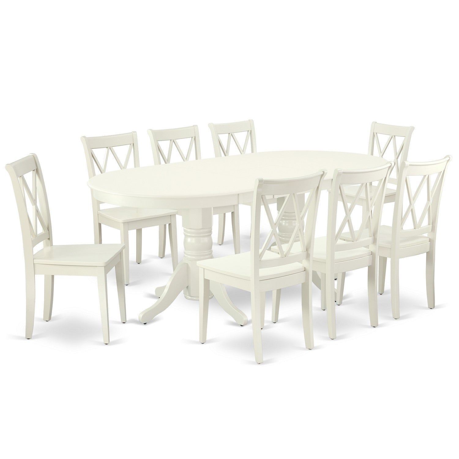 El juego de mesa de comedor East West Furniture VACL9-LWH-W de 9 piezas incluye una mesa de comedor ovalada con hojas de mariposa y 8 sillas con asiento de madera.