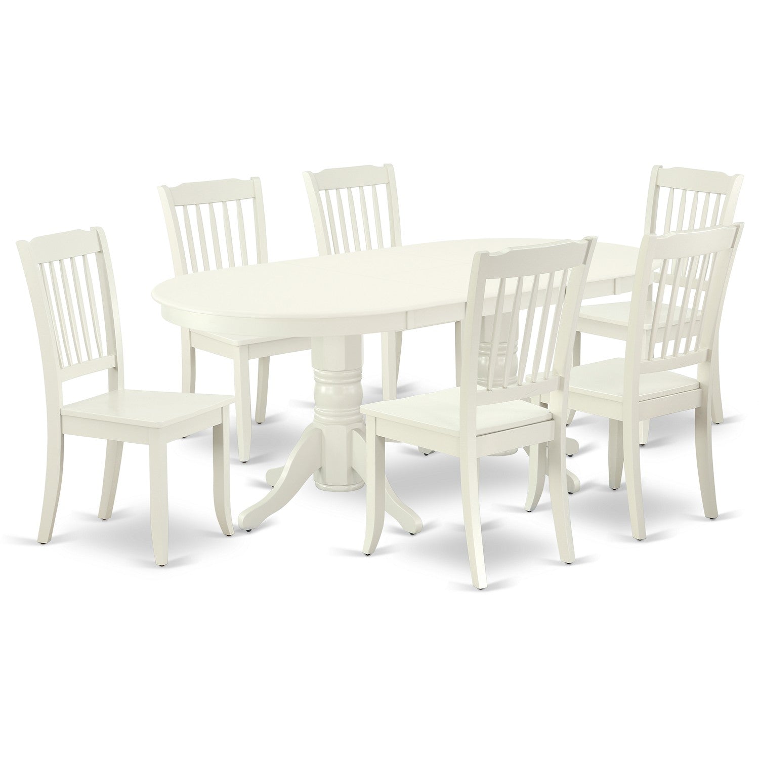 Juego de mesa de comedor de 7 piezas East West Furniture VADA7-LWH-W compuesto por una mesa de comedor ovalada con hojas de mariposa y 6 sillas con asiento de madera.