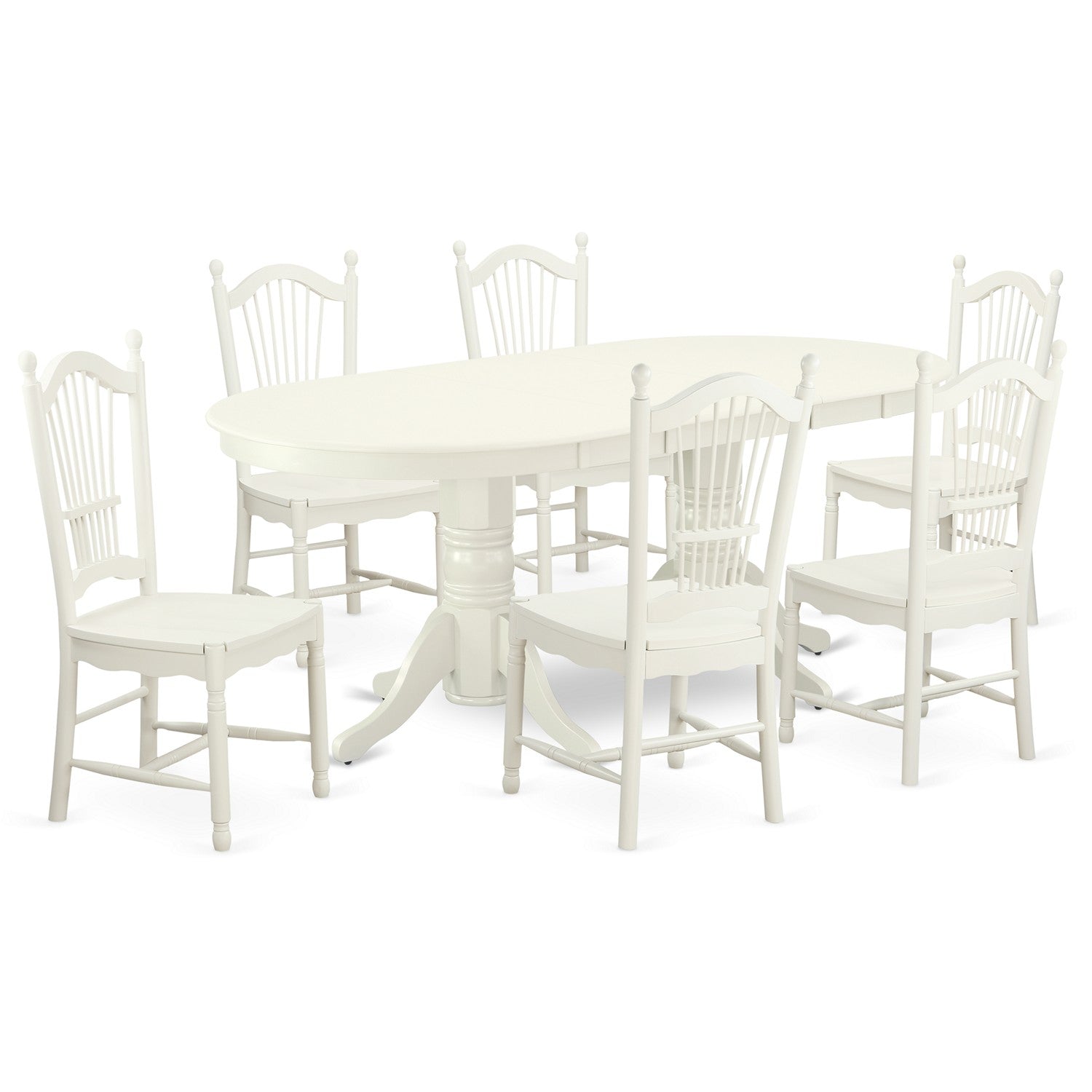 Juego de mesa de comedor moderna de 7 piezas East West Furniture VADO7-LWH-W compuesto por una mesa ovalada de madera con hojas de mariposa y 6 sillas de comedor.