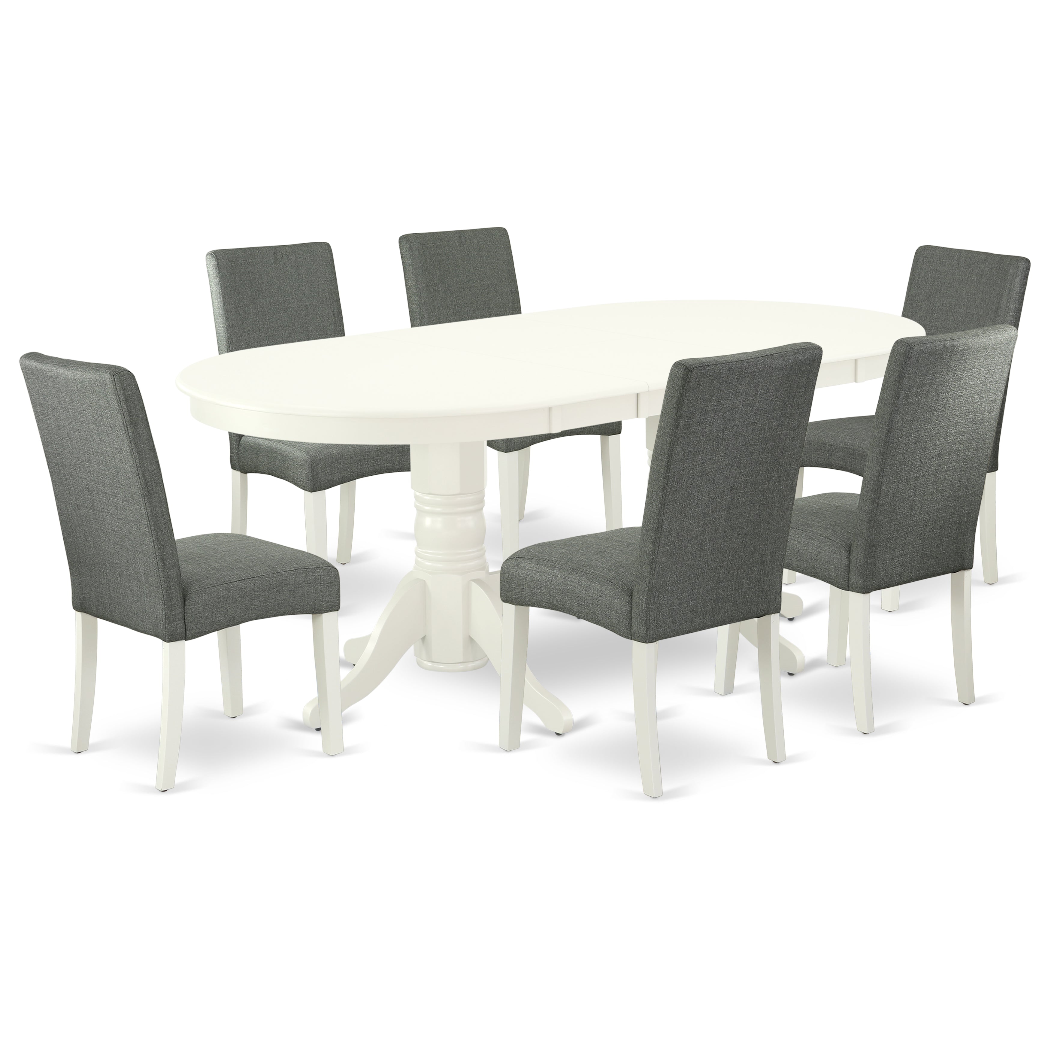 VADR7-LWH-07 7 Pc Dining Room Set Dining Table With Self Storing Butterfly Leaf And Six Parson Chair With Linen White Finish Leg And Linen Fabric- Gray Color