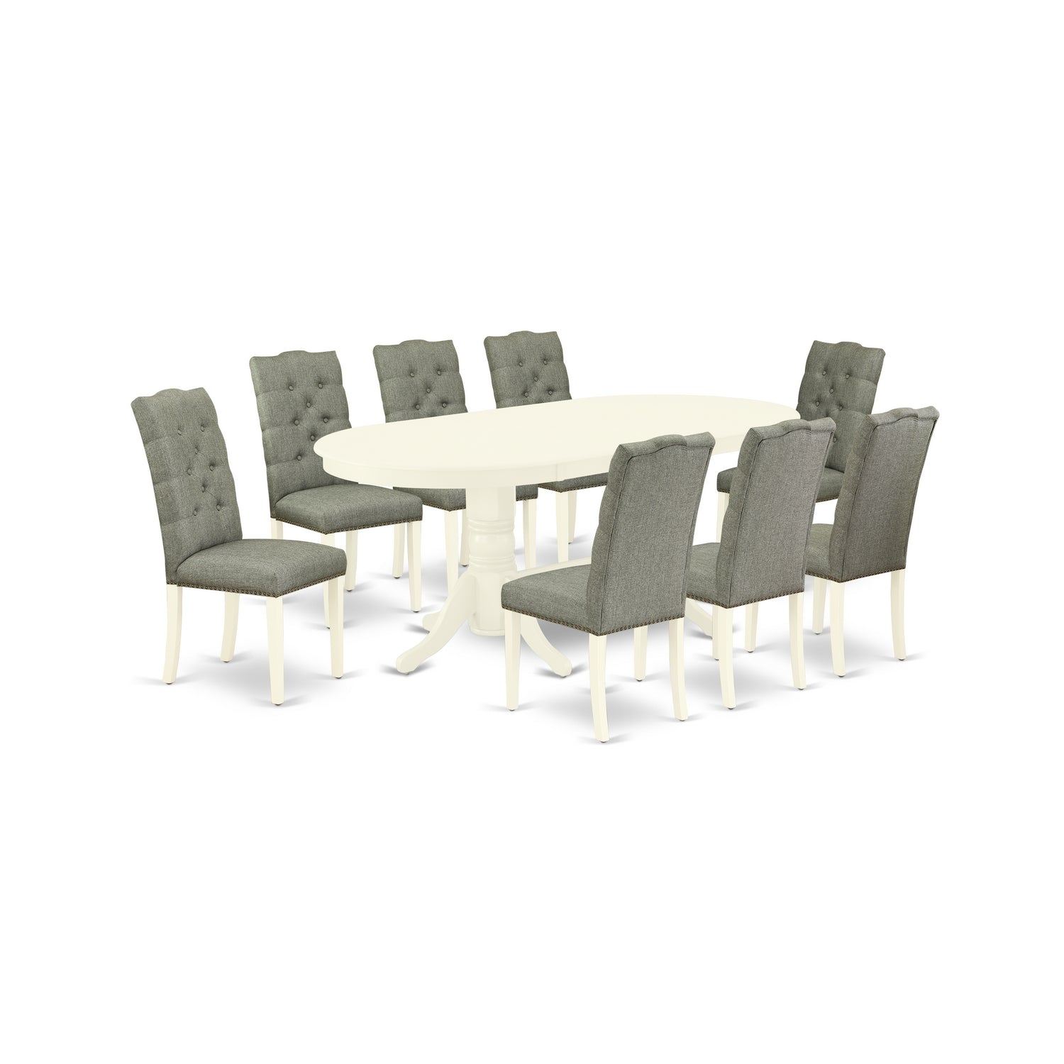 Juego de mesa de comedor moderna de 9 piezas East West Furniture VAEL9-LWH-07. Incluye una mesa ovalada de madera con hojas de mariposa y 8 sillas tapizadas en tela de lino gris.