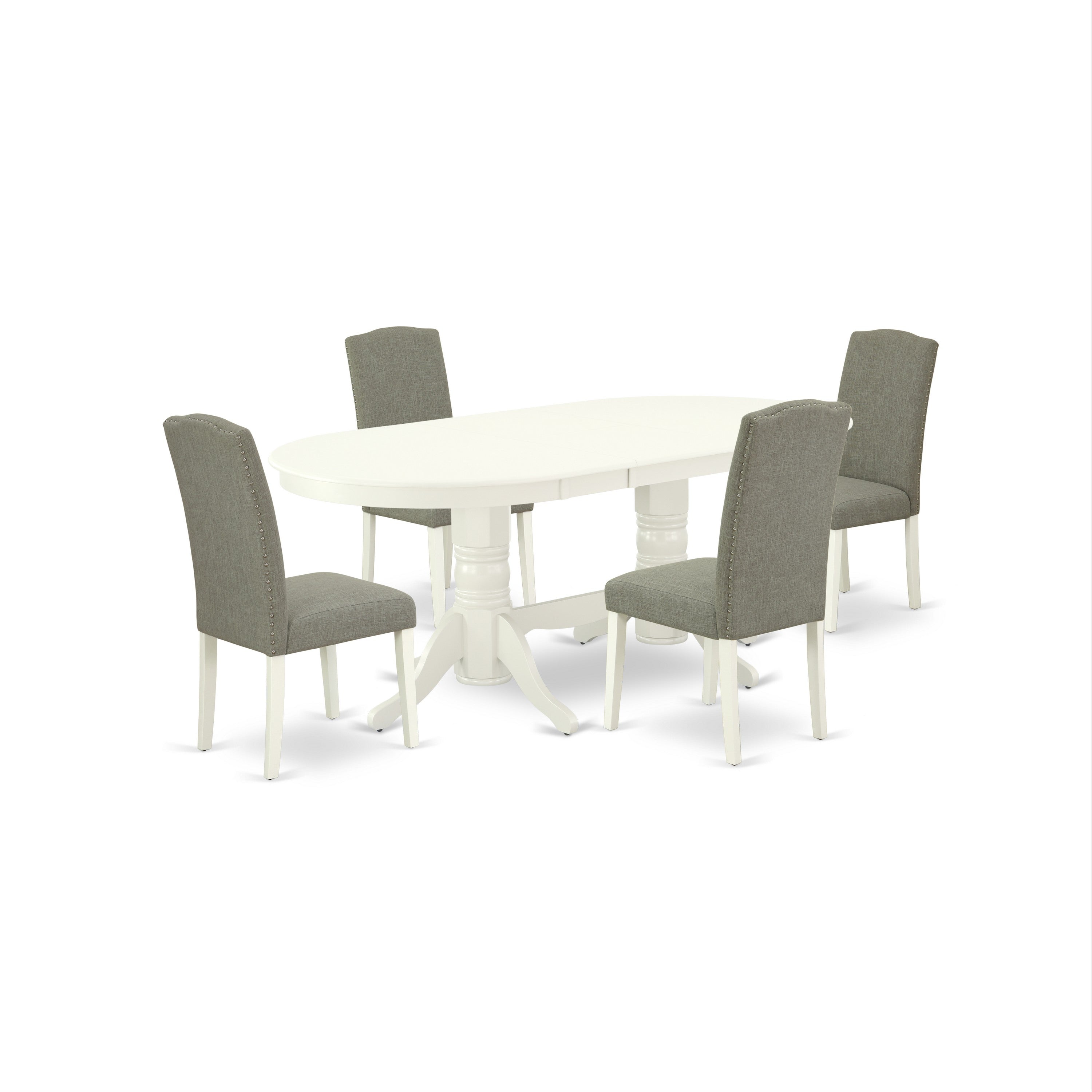 VAEN5-LWH-06 5 Pc Dining Room Set For 4- Table With Leaf And Four Parson Chair With Linen White Leg And Linen Fabric Dark Shitake