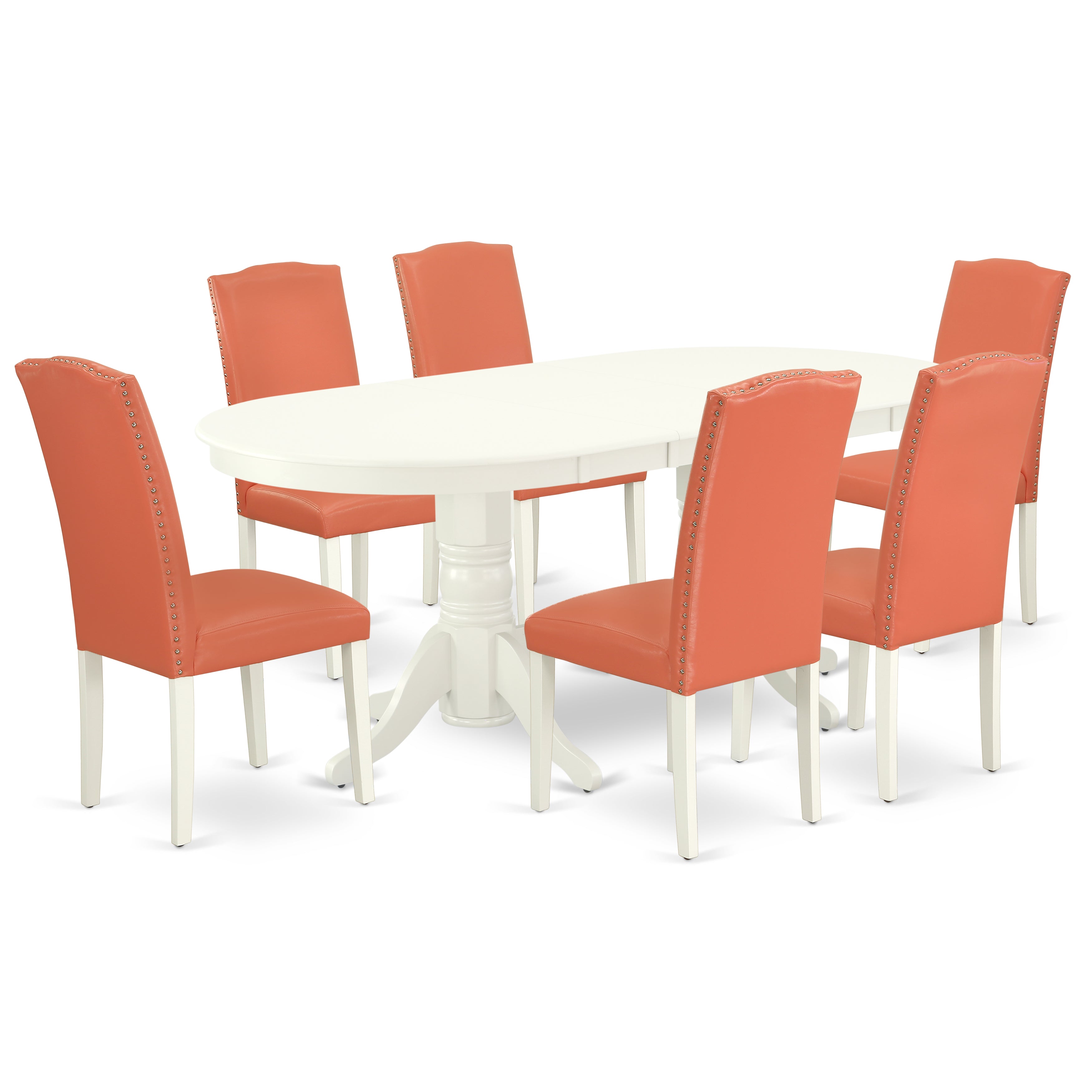VAEN7-LWH-78 7 Pc Dining Room Set Dining Table With Self Storing Butterfly Leaf And Six Parson Chair With Linen White Leg And Pu Leather Color Pink Flamingo