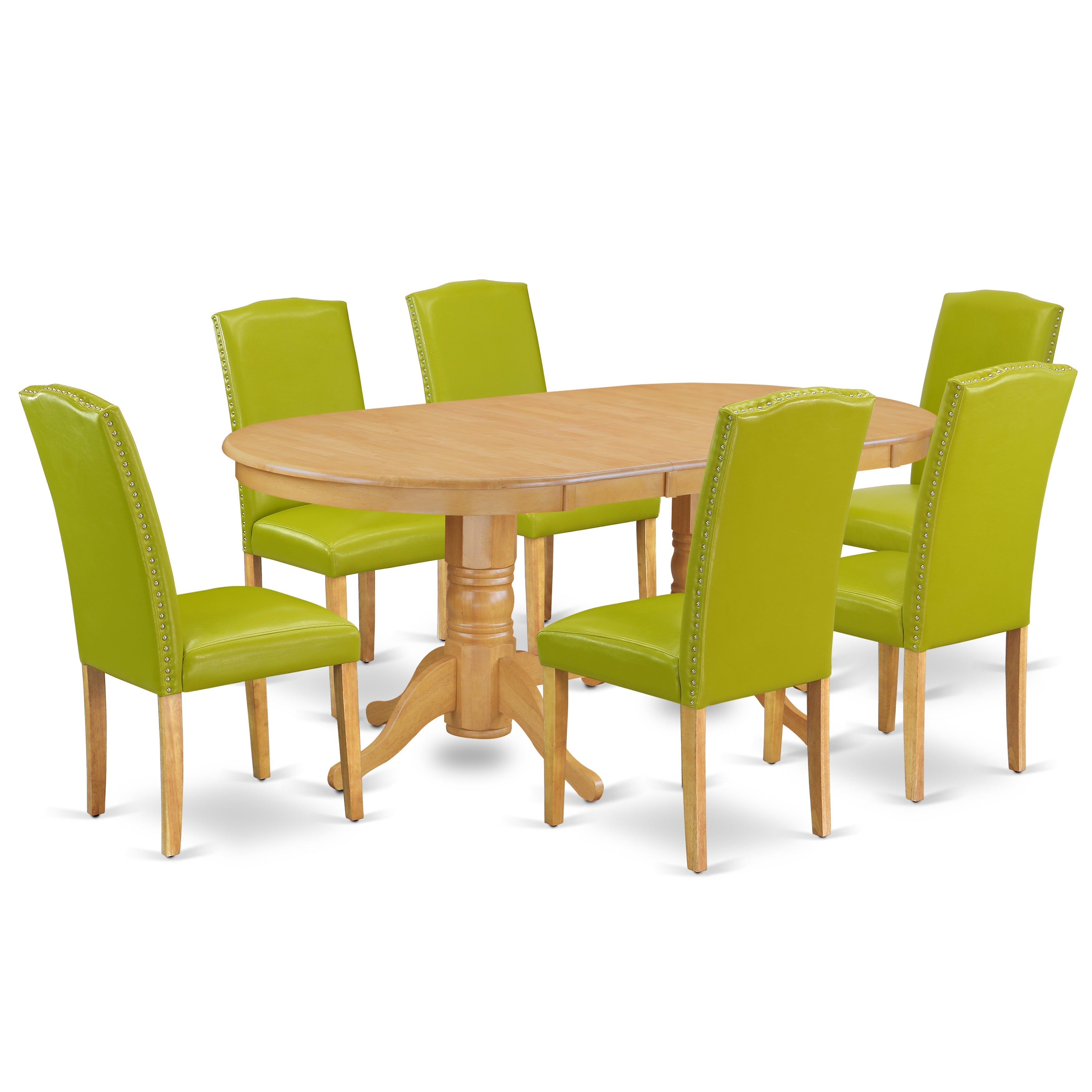 VAEN7-OAK-51 7 Pc Dining Room Set Dining Table With Self Storing Butterfly Leaf And Six Parson Chair With Oak Leg And Pu Leather Color Autumn Green