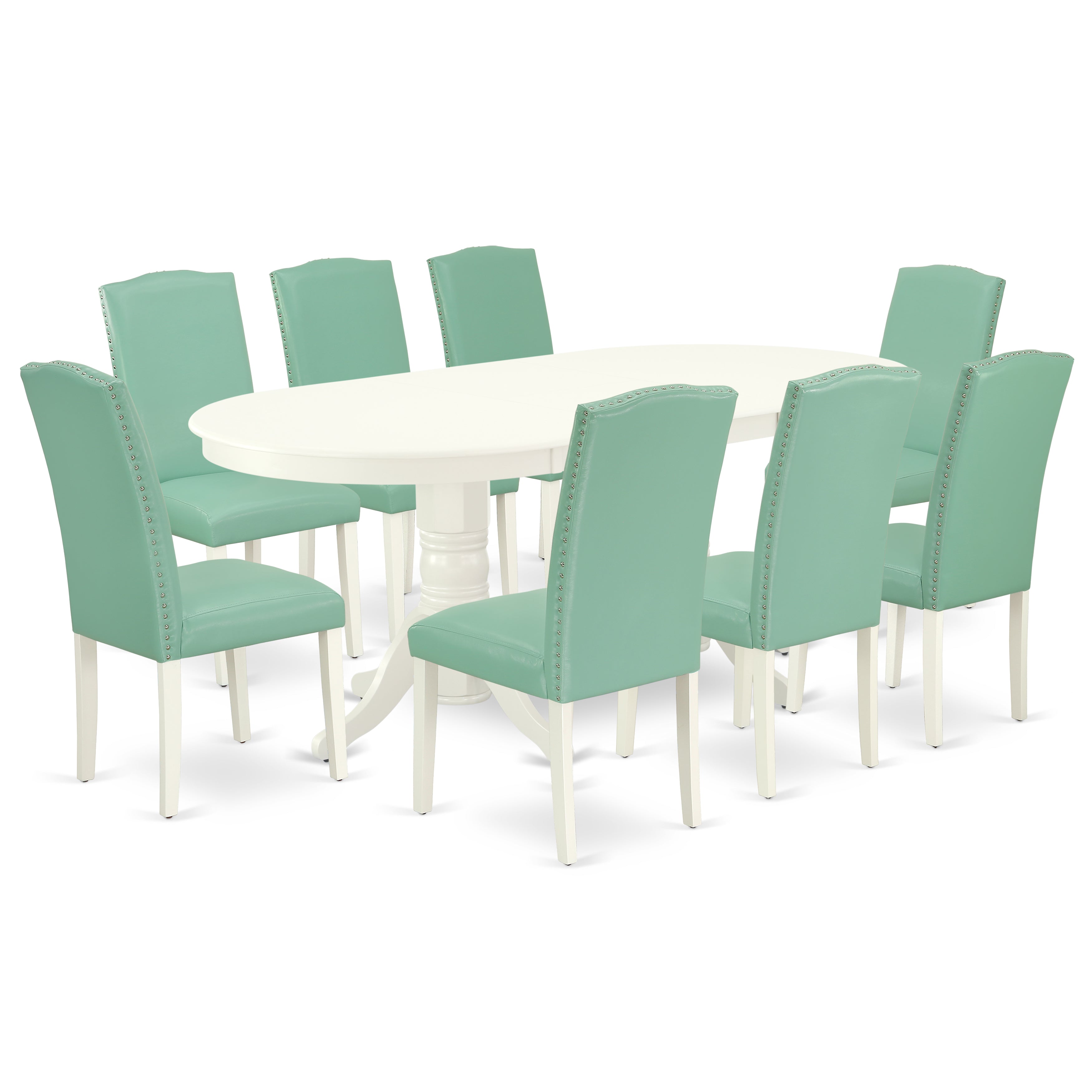 VAEN9-LWH-57 9 Pc Kitchen Set For 8 Dining Table With Leaf And Eight Parson Chair With Linen White Leg And Pu Leather Color Pond