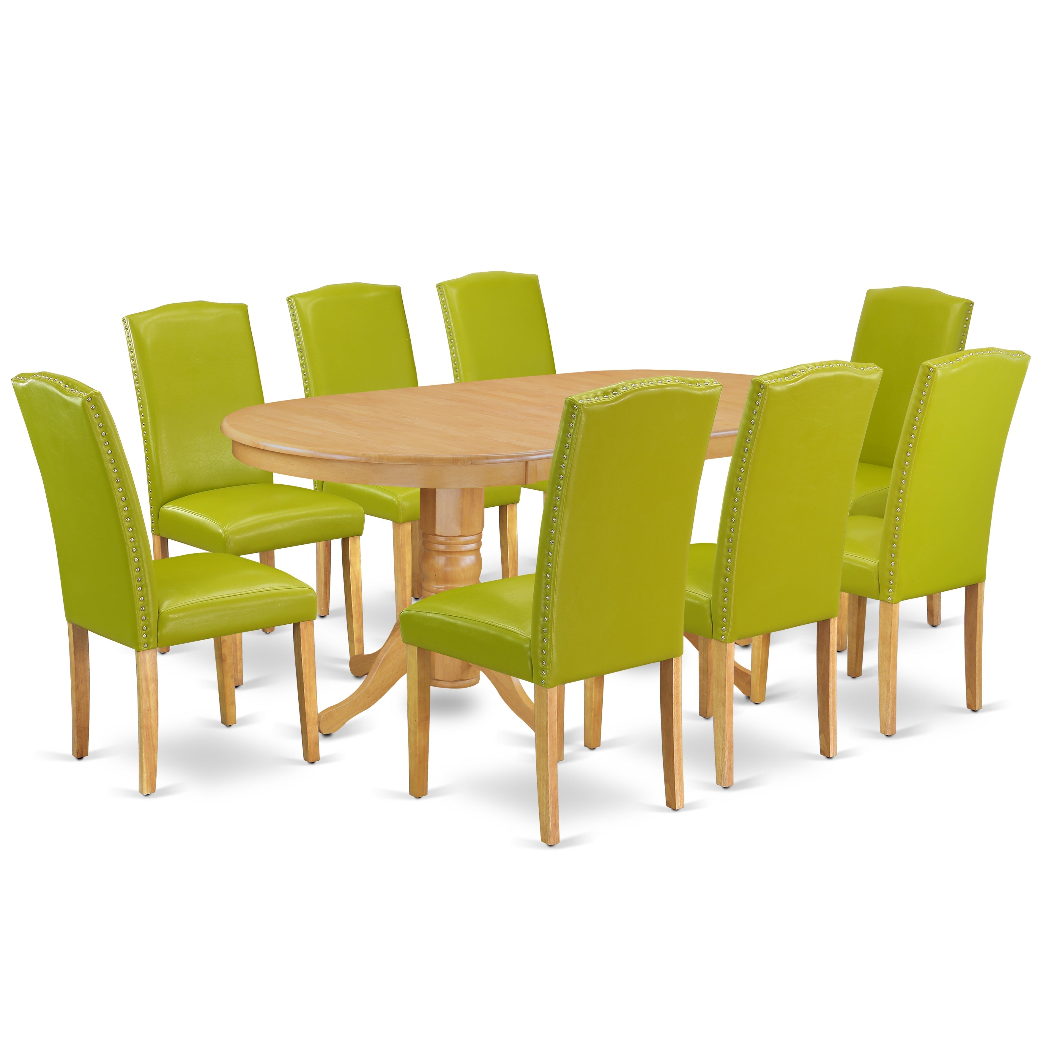 VAEN9-OAK-51 9 Pc Kitchen Set For 8 Dining Table With Leaf And Eight Parson Chair With Oak Leg And Pu Leather Color Autumn Green