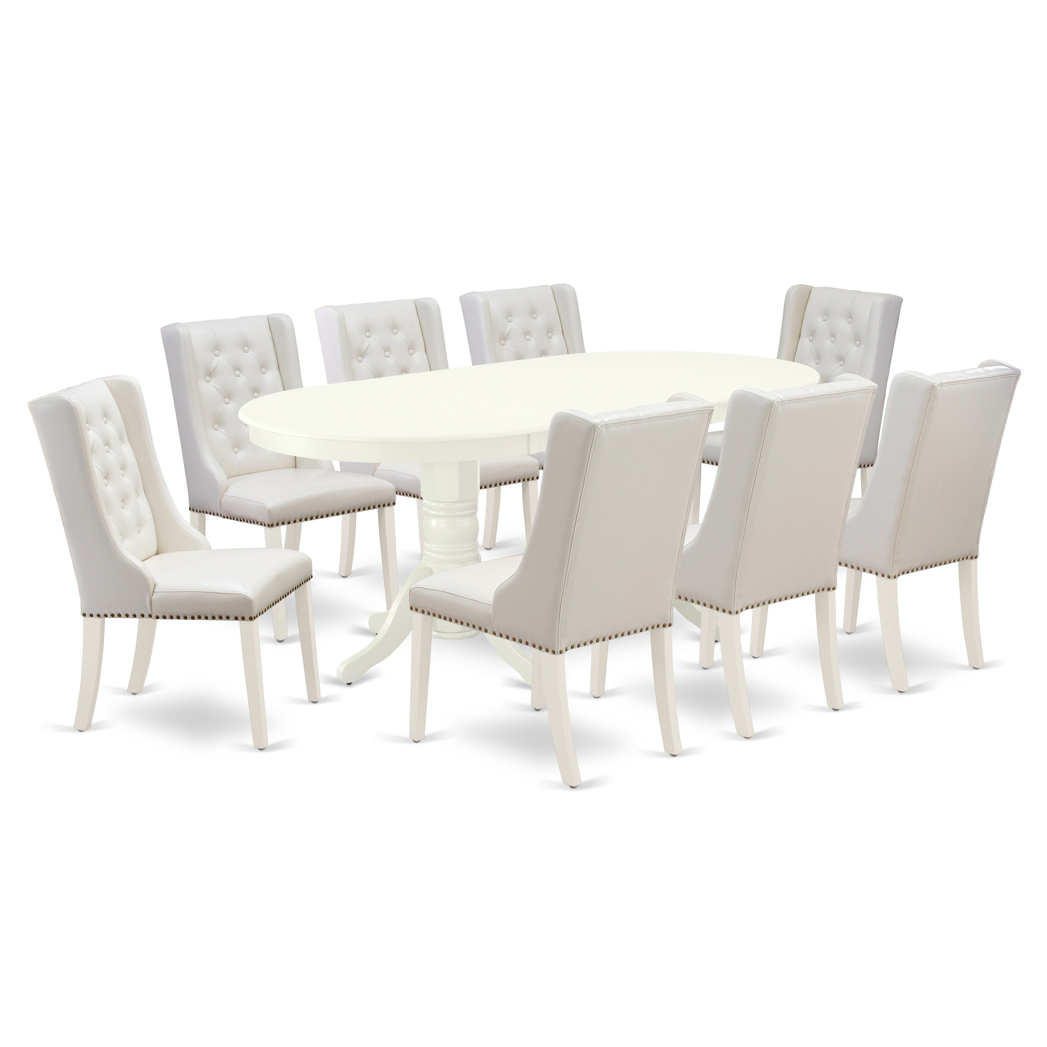 Juego de mesa de comedor East West Furniture VAFO9-LWH-44 de 9 piezas. Incluye una mesa de cocina ovalada con hojas de mariposa y 8 sillas de comedor Parson de cuero sintético gris claro.