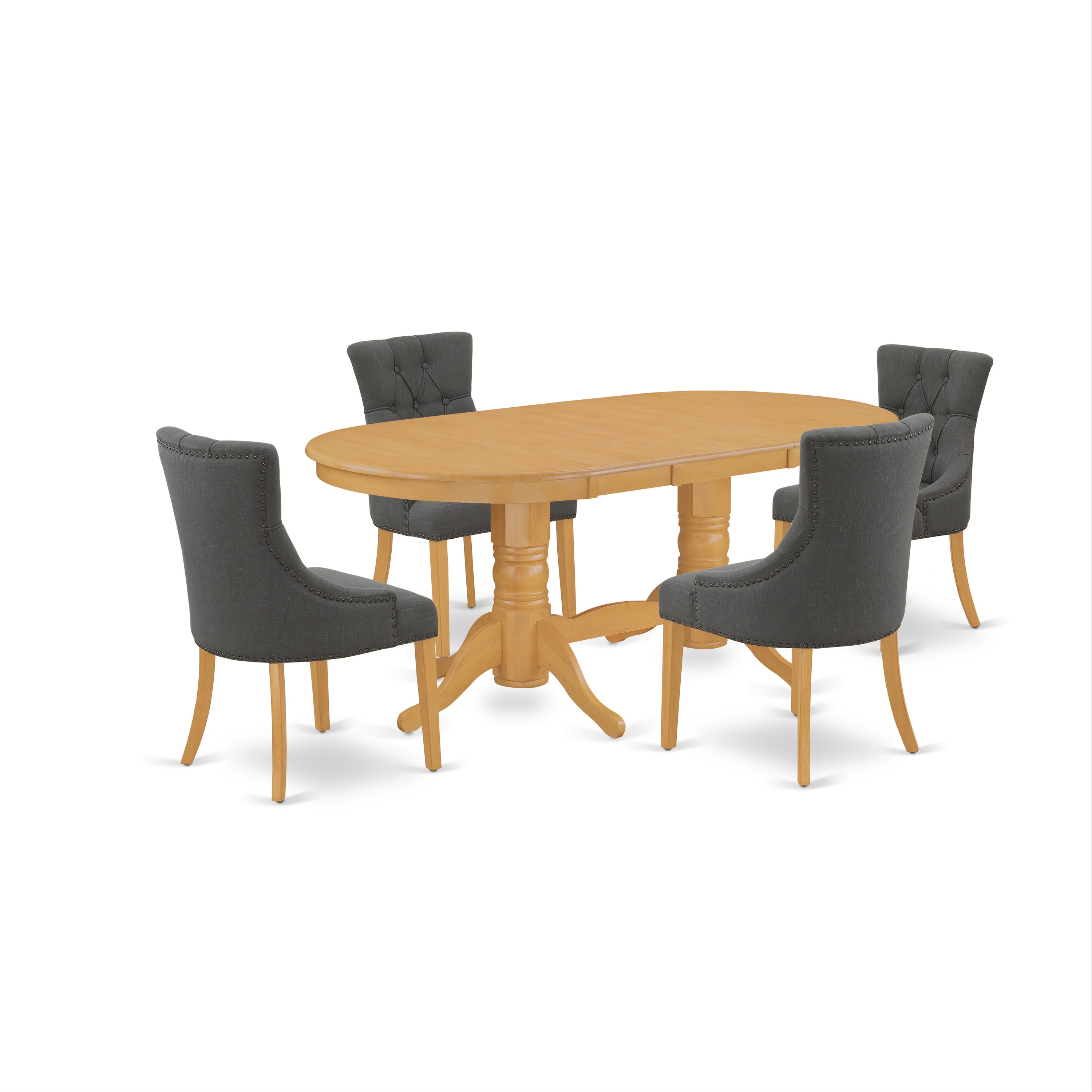 Juego de mesa de comedor de 5 piezas East West Furniture VAFR5-OAK-20 para 4 personas. Incluye una mesa de cocina ovalada con diseño de hojas de mariposa y 4 sillas Parson de tela de lino Gotham oscuro.