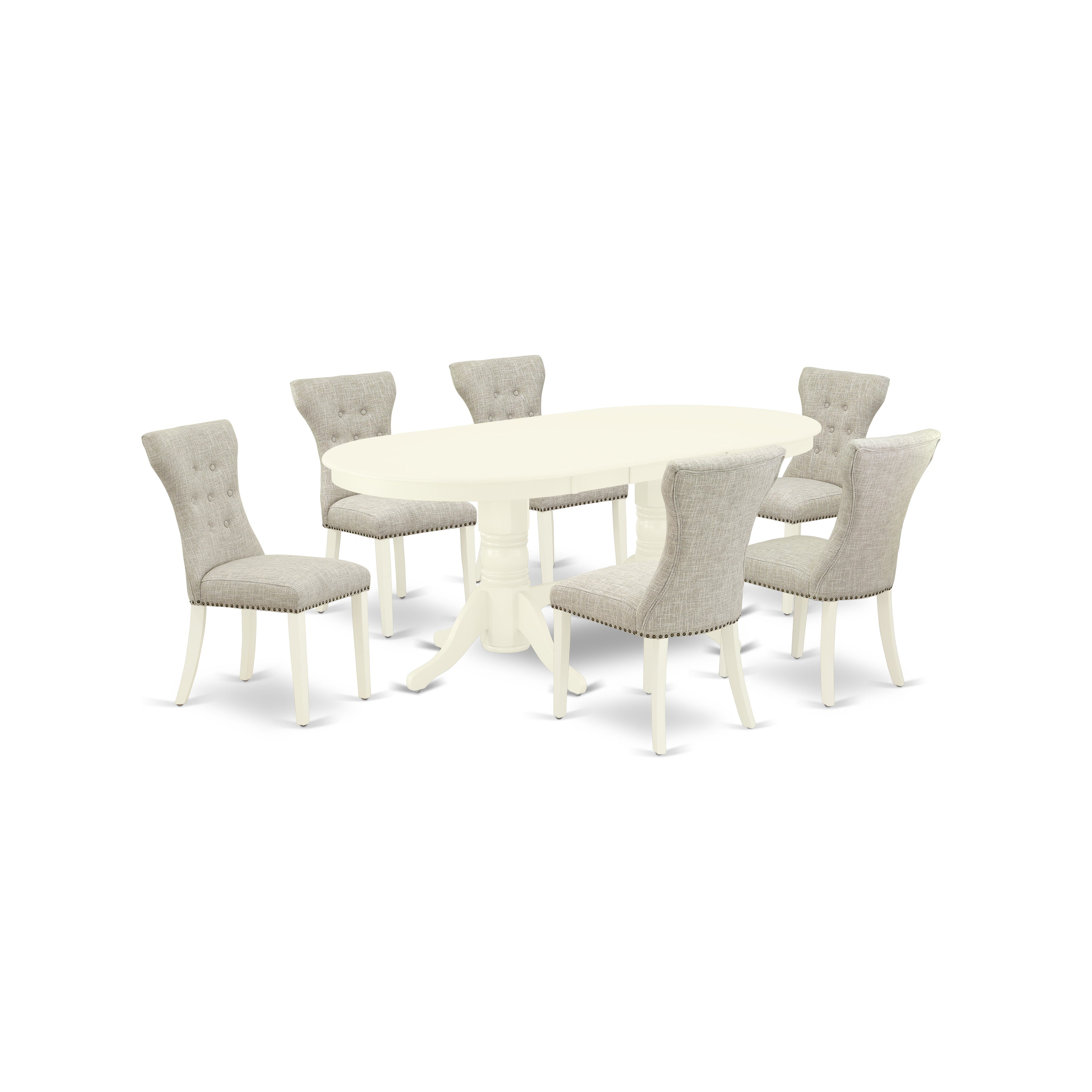 East West Furniture VAGA7-LWH-35 7-Piece modern dining table set- 6 parson chairs and butterfly leaf table hardwood structure -High back & Linen White Finish