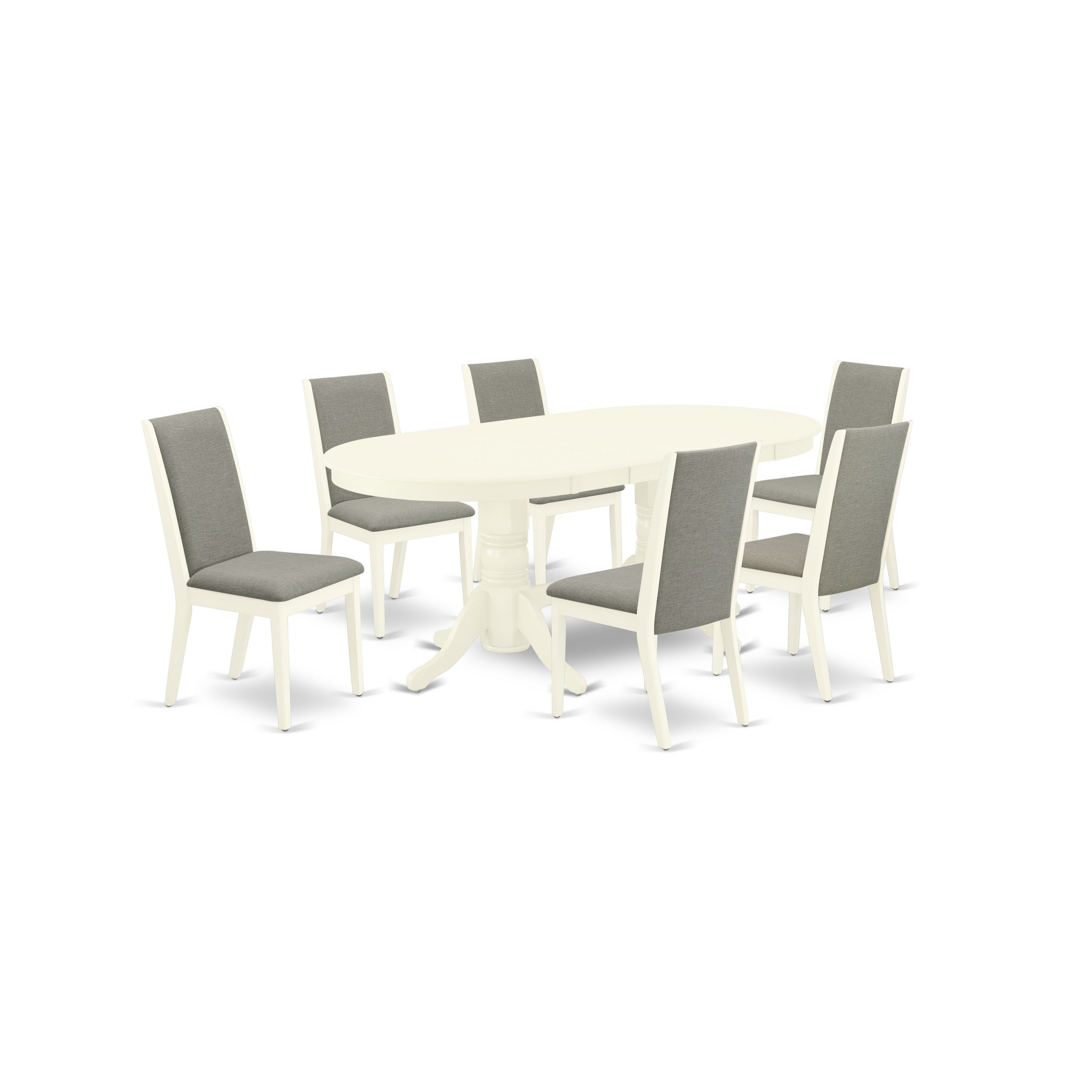 East West Furniture VALA7-LWH-06 7-Piece kitchen table set- 6 upholstered dining chairs and Oval butterfly leaf table hardwood structure -High back & Linen White Finish