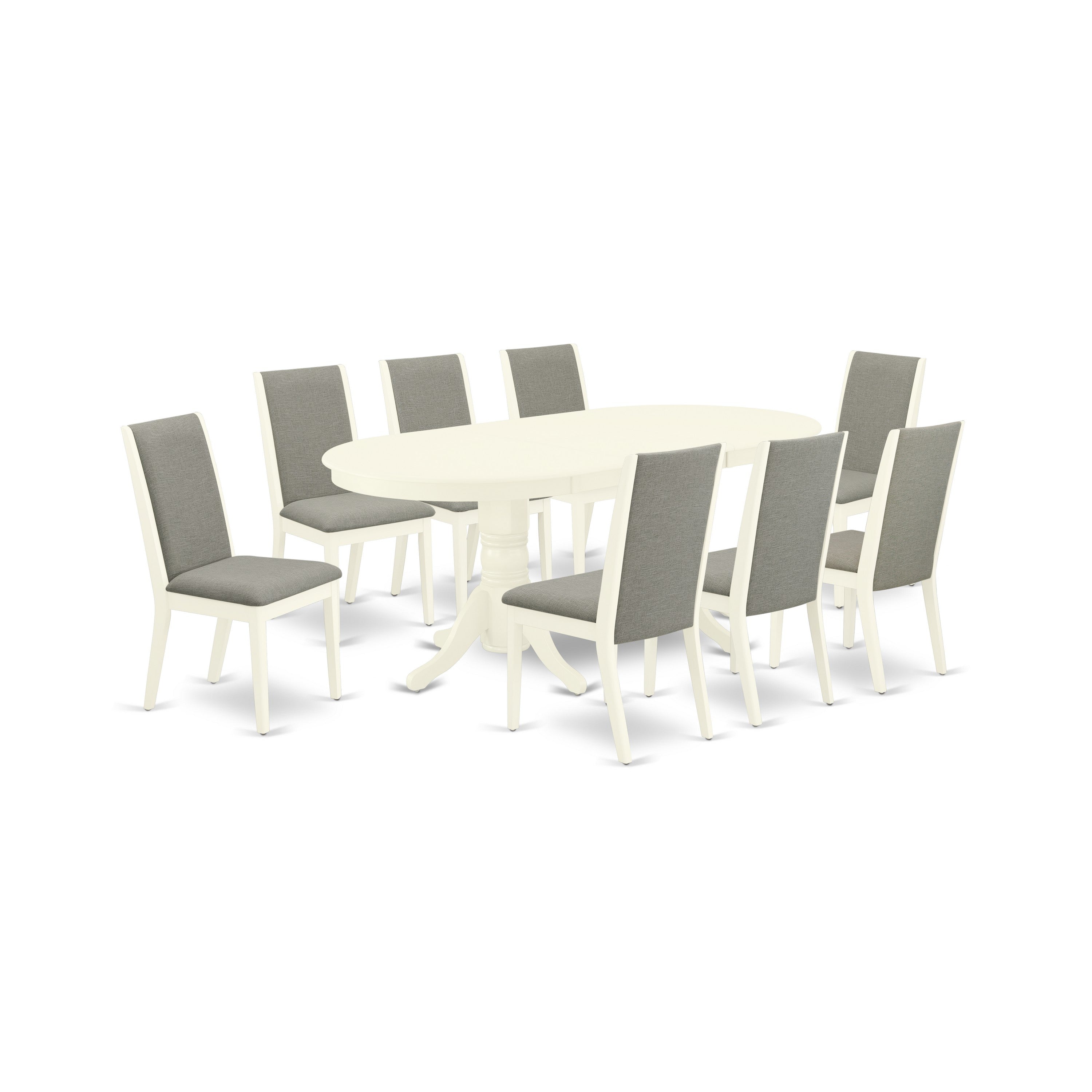 East West Furniture VALA9-LWH-06 9-Piece kitchen table set- 8 person dining chairs and butterfly leaf Oval kitchen table hardwood structure -High back & Linen White Finish