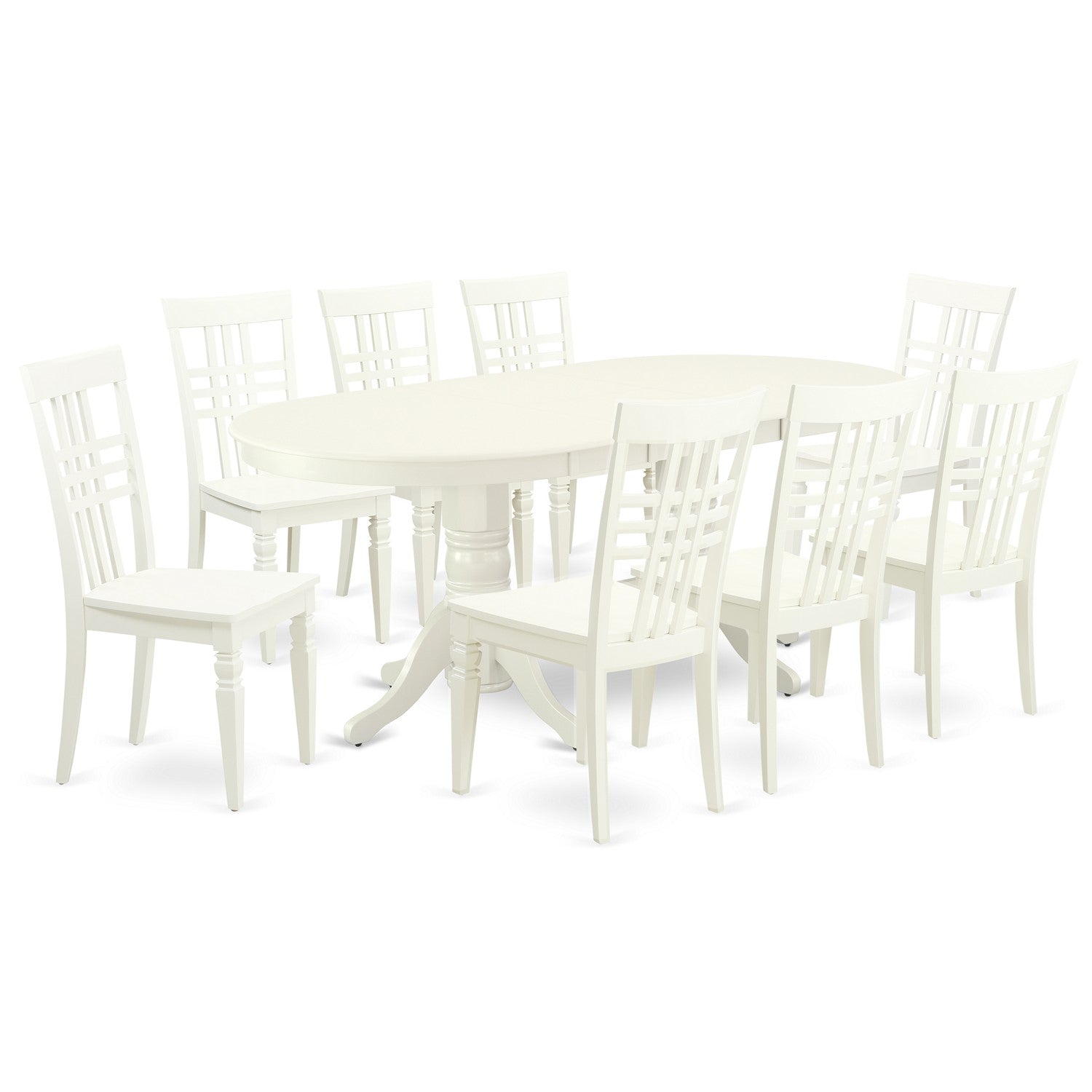 VALG9-LWH-W 9 Pc Dining Room Set-Double Pedestal Oval And Butterfly Leaf And Eight Wood Seat Dining Chairs