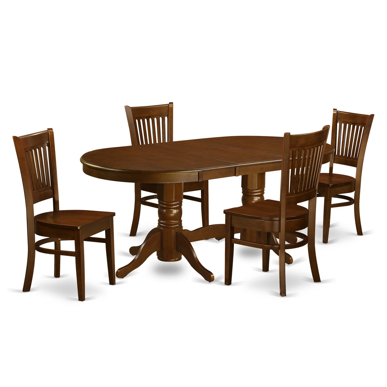 El juego de mesa de comedor VANC5-ESP-W de 5 piezas de East West Furniture incluye una mesa de cocina ovalada con hojas de mariposa y 4 sillas de comedor.