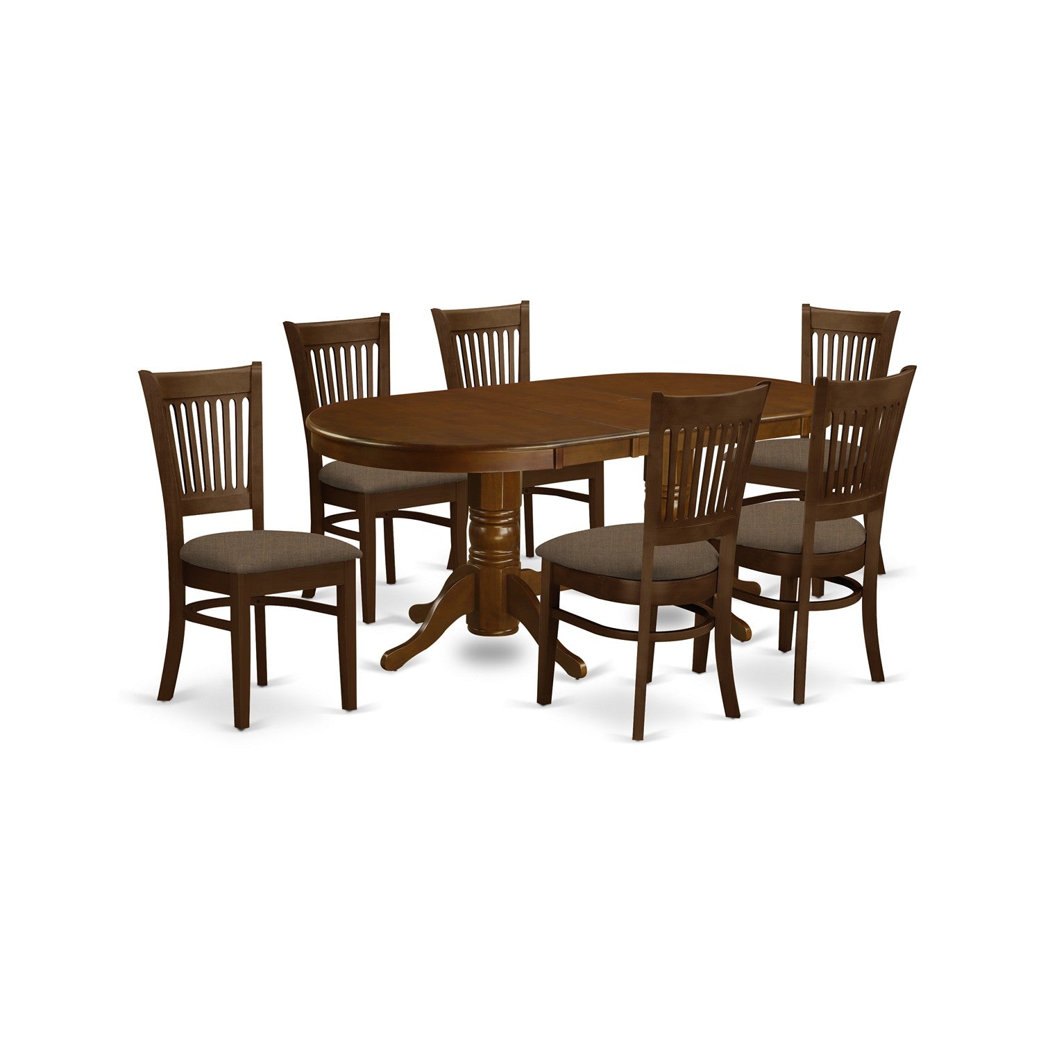 Juego de mesa y sillas de cocina VANC7-ESP-C de 7 piezas de East West Furniture. Incluye una mesa de comedor ovalada con hojas de mariposa y 6 sillas tapizadas en tela de lino.