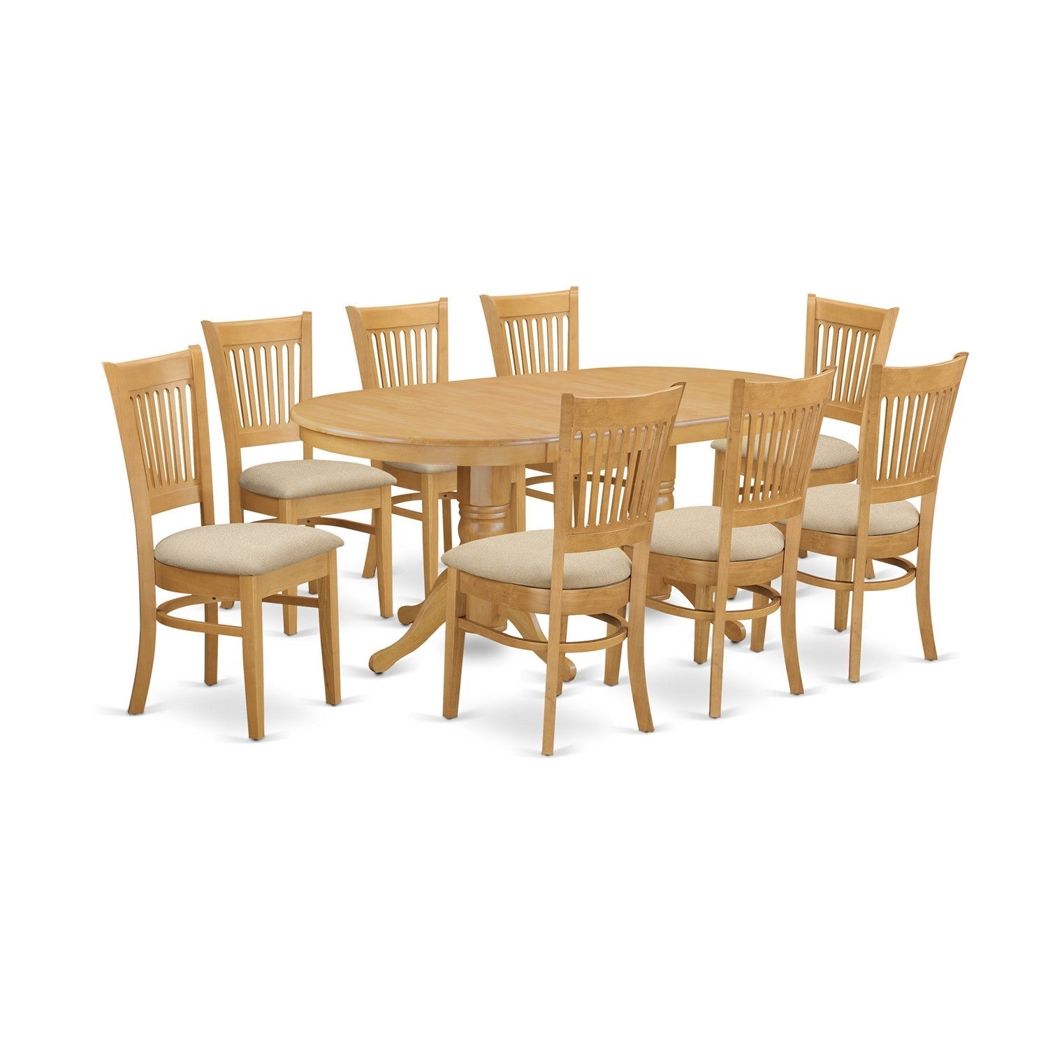El juego de mesa de cocina VANC9-OAK-C de 9 piezas de East West Furniture incluye una mesa de comedor ovalada con hojas de mariposa y 8 sillas de comedor de tela de lino.