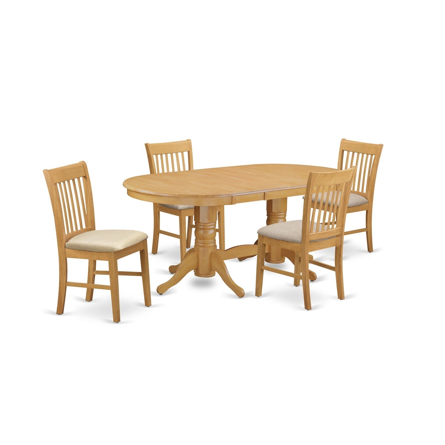 El juego de comedor de 5 piezas VANO5-OAK-C de East West Furniture incluye una mesa de comedor ovalada con hojas de mariposa y 4 sillas de cocina tapizadas en tela de lino.
