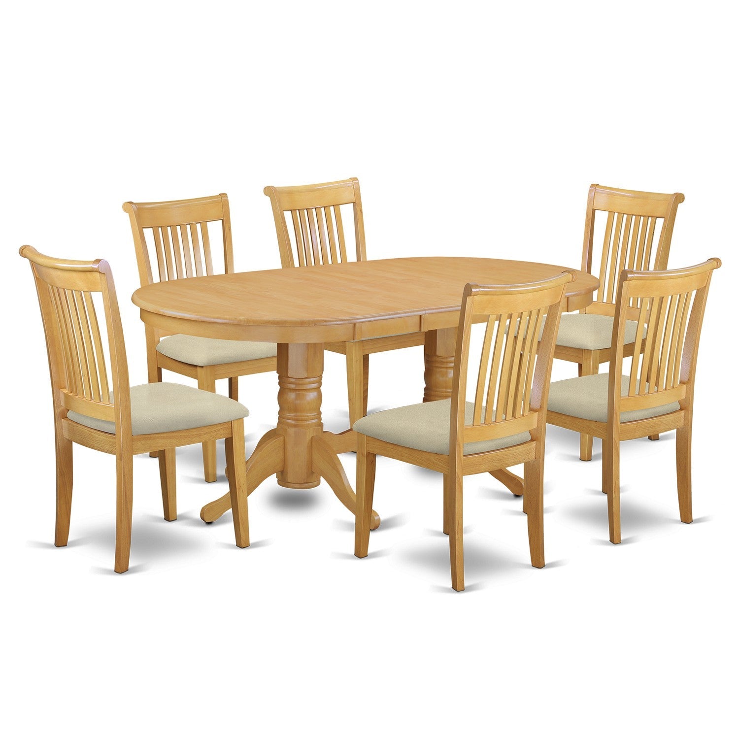 VAPO7-OAK-C 7-Piece Vancouver Dining Table with one 17" Leaf and Six Cushioned Dinette chairs in Oak finish.
