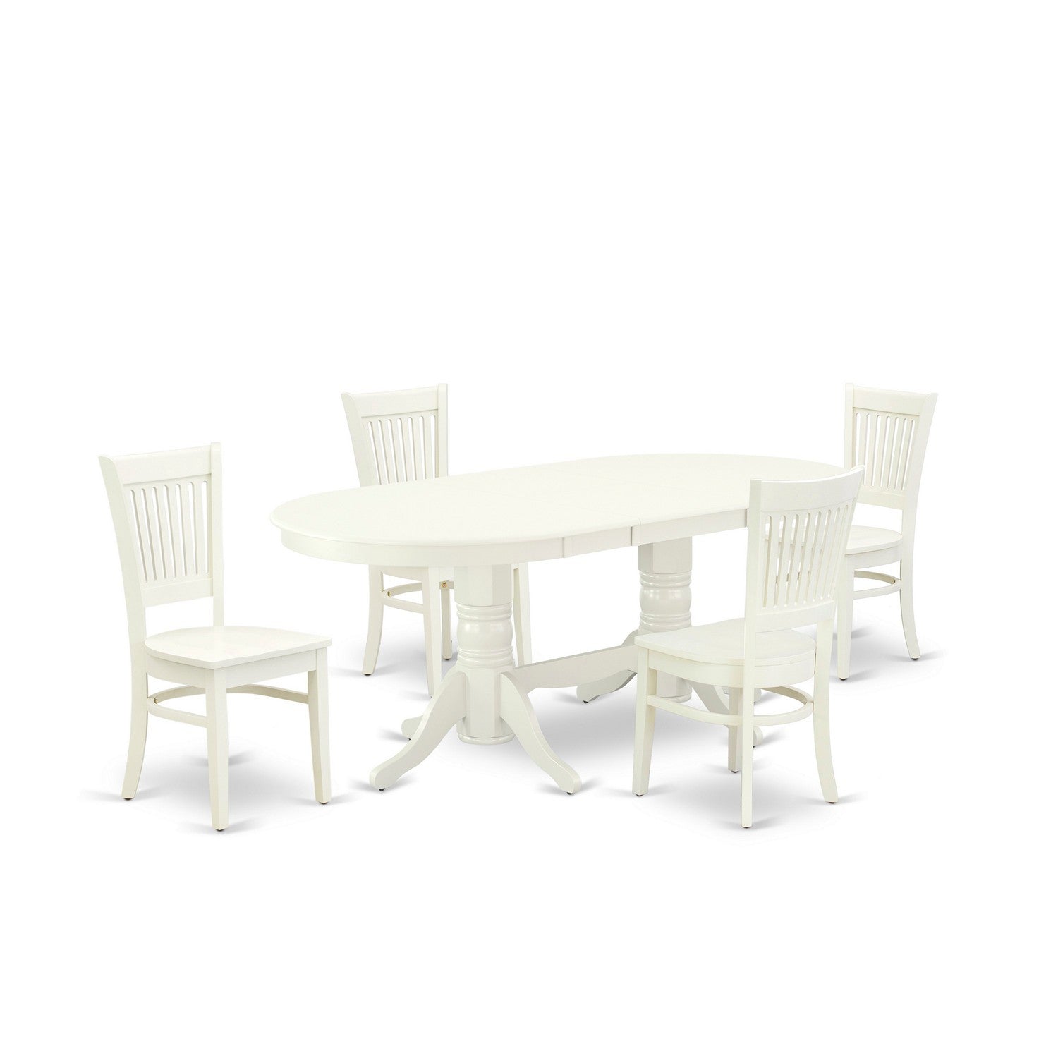 El juego de muebles de comedor VAVA5-LWH-W de 5 piezas de East West Furniture incluye una mesa de cocina ovalada con hojas de mariposa y 4 sillas de comedor.