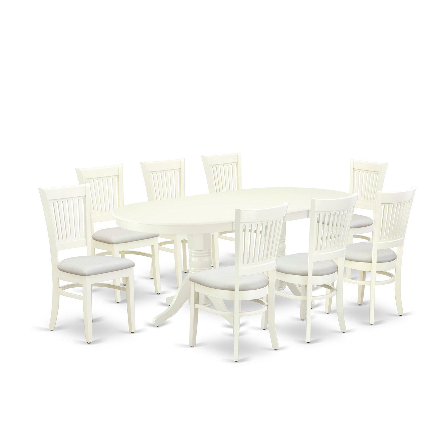 EAST WEST FURNITURE - VAVA9-LWH-C - 9-Pc Dining Room Table Set- 8 Dining Chairs with Linen Fabric Seat and Slatted Chair Back - Removable leaf Wooden Dining Table - linen white Finish