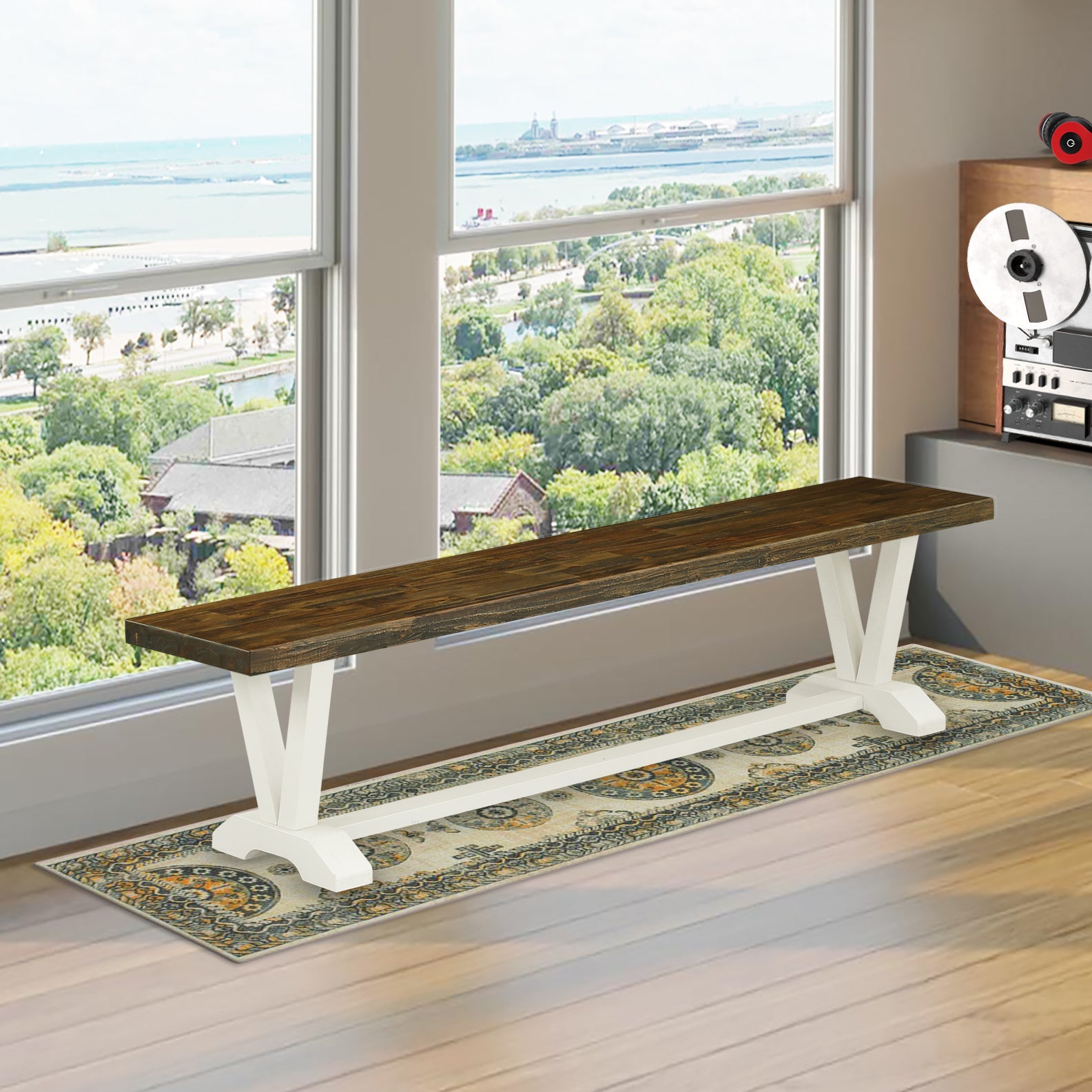 V-Style 15x72 in Dining Bench with Wirebrushed Linen White Leg and Distressed Jacobean 418 Top finish